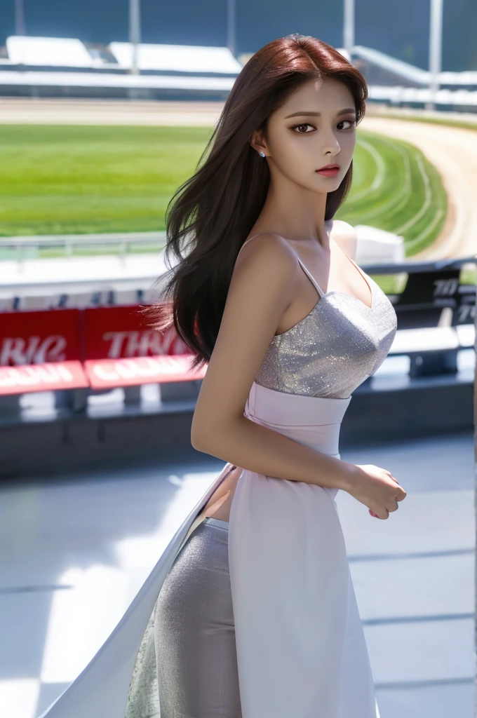 Tzuyu 1, woman, (Realistic), (Hyperrealism), (photoRealistic), Depth of written boundary, eye make up:0.7 (whole body:1.2), (Tight waist), Watching the audience,at the racing track, Race Queen, Sexy dress with open shoulders and chest