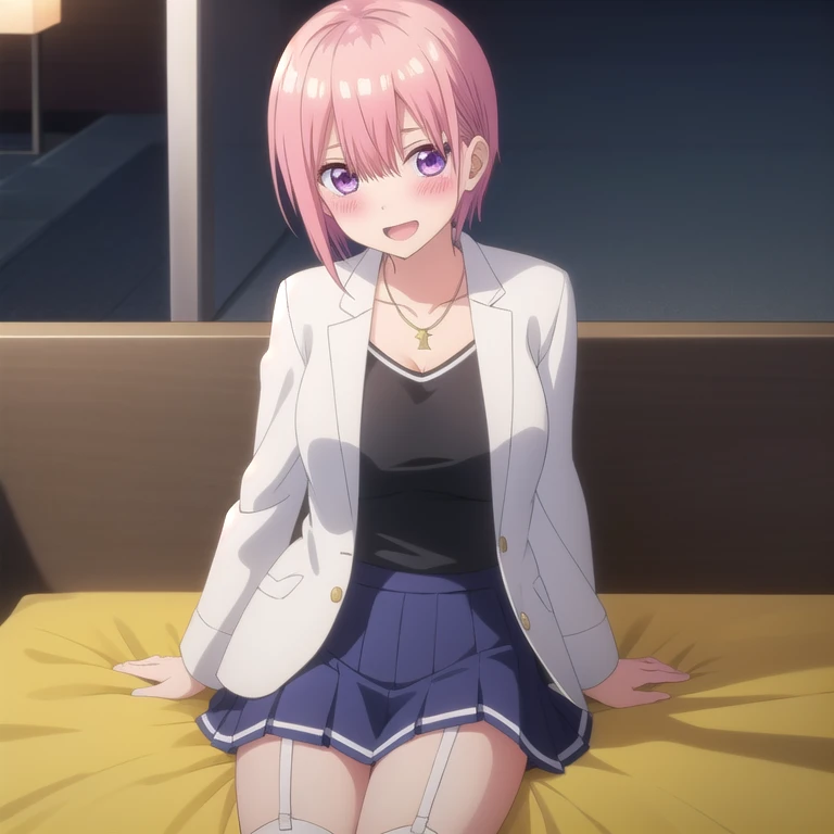 ((masterpiece)),(highest quality),Official Art,Highly detailed CG,unity 8k wallpaper,Super detailed, {Nakano_Ichika_gotoubunnohanayome:1.15},Hotel night view,a little dark,Sitting on a hotel bed,,((One girl)),,Cowboy Shot,short_hair,(ピンクhair),(青いeye),White jacket,(In front of the white jacket_is open),Dre,白いワイshirt,(白のワイshirtの第4ボタンをまで開ける),((You can see through her black underwear)),Pleats_skirt,漆黒のskirt,(漆黒のskirtで白のチェック柄_comprehensive),garter belt,前hair,School_uniform,A big smile,Open your mouth a little,With collar_shirt,hair_between_eye,(big beautiful breasts),length_sleeve,(blush:1.5),(front),whole body,Gold Necklace,