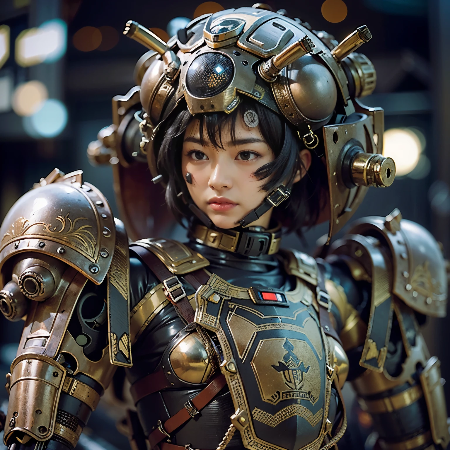 (mechanical armor with reference to a dung beetle), power pipes, hydraulic cylinders, ultimate intricate detail, Japanese female soldier in mechanical armor, very beautiful face, realistic, full body shot, sortie from secret base