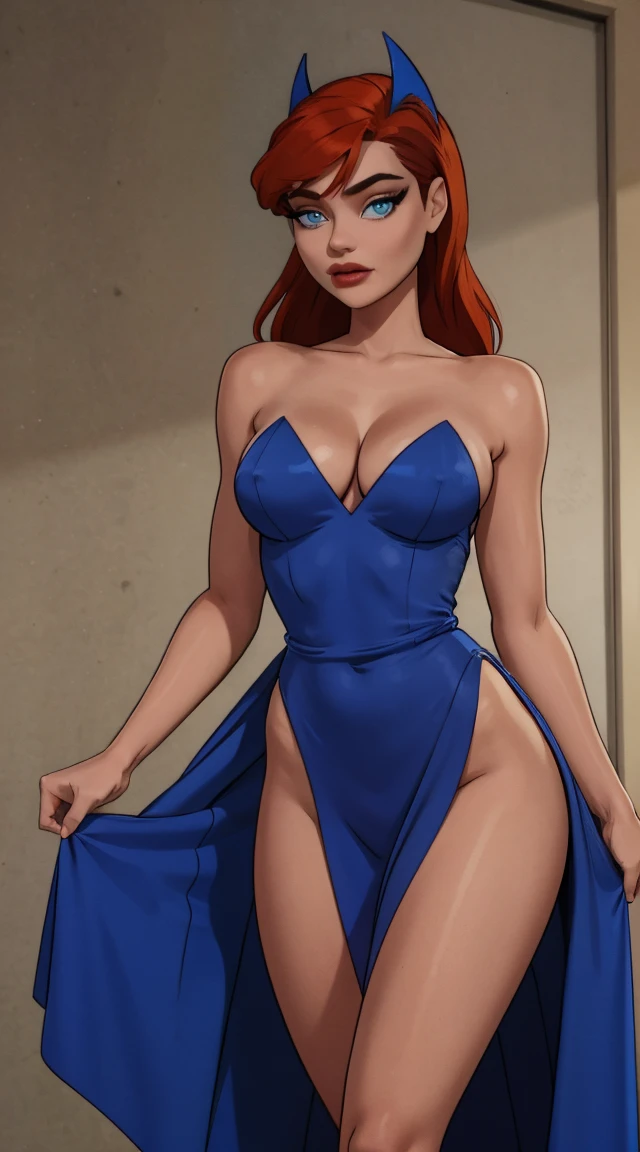 yo,top model body, y, hight heels, very very hot body, perfect body, perfect face, nlue open gorgeous long dress, red hair, crystal blue eyes , eyelashes, hot sexirl in lovely blue dress, long blue V_dress , gorgeous, billionaire party 