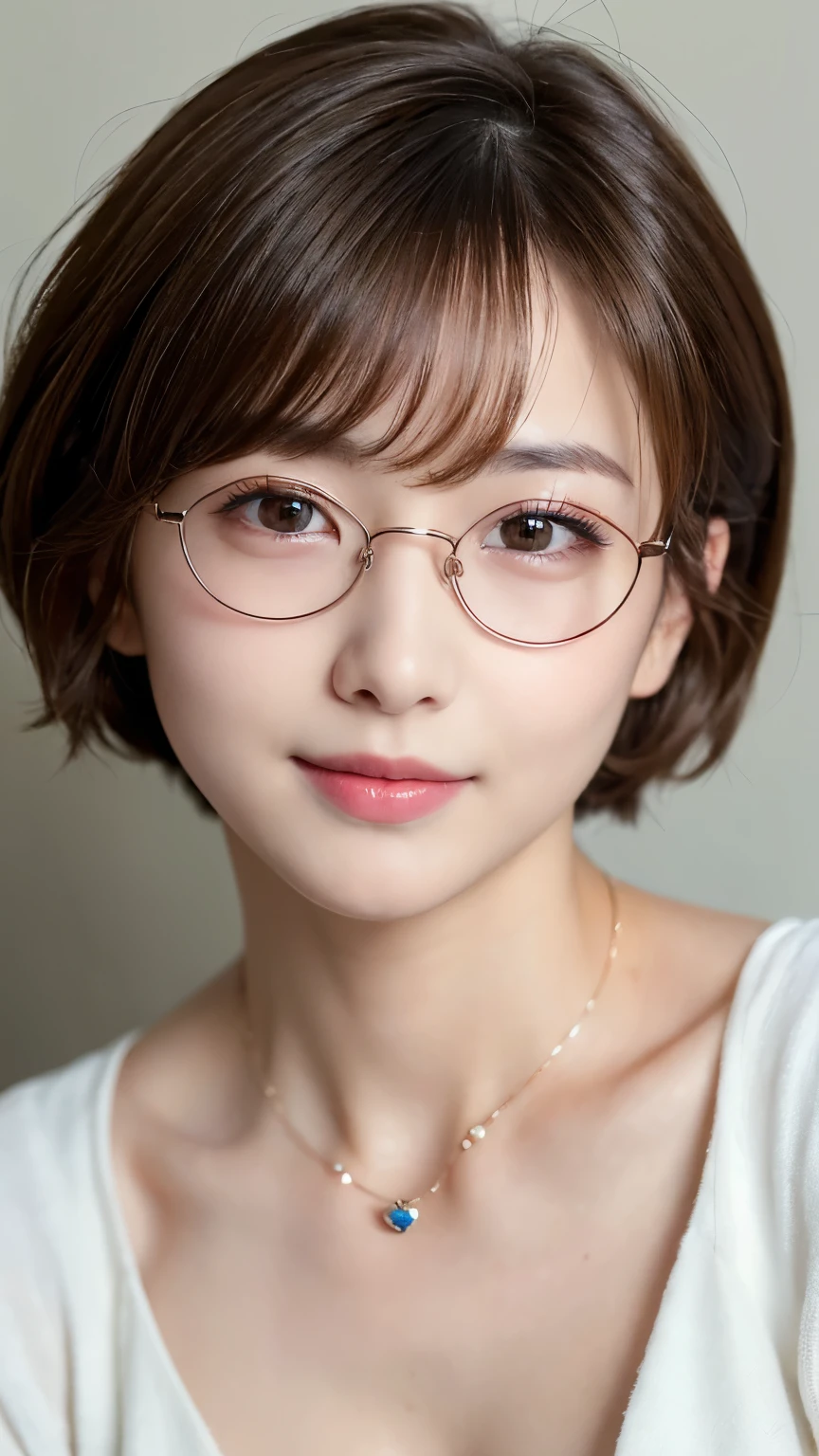 ((highest quality))、(masterpiece:1.4)、RAW Photos、8k、((Best image quality))、 ((Highest Resolution))、Ultra HD Photos、Delicate face、Beautiful face in every detail、Very detailed、(One Woman:1.3)、Realistic、(Cute Woman:1.3)、Very Short Hair、(Beautiful woman)、(Small face:1.5)、[smile]、necklace、(Round Glasses)、Random Pause、random hair color、(big breasts)