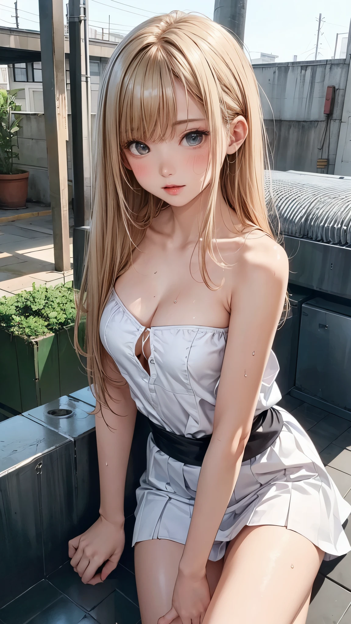 highest quality、4K quality、Beautiful 、Beautiful Style、tall、Small breasts、ttocks、Small face、20 year ollonde princess、Bare shoulders、My skirt is blown up by the wind、ultra detail eye,、casual dresy whole body is wet、Small face、Soft skin quality、Straddling an iron pipe