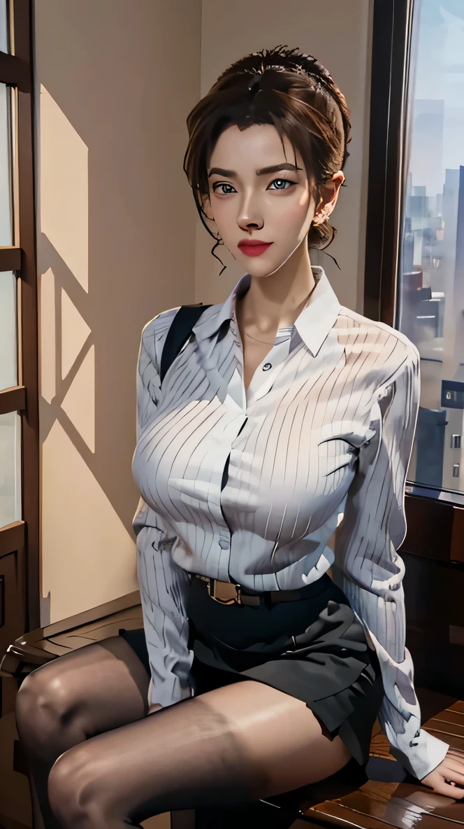 Attractive forward leaning detailed skin, Hyper-realistic 8K CG, picture-perfect face, Flawless, Clean, masterpiece, Professional artwork, Famous Artworks, Movie Lighting, movie bloom,Pretty Face, Beautiful blue eyes,Detail eyes, Facial details, (((Perfect female body, Willow Waist))),(Large Breasts:1.3),full-body photo,28 year old stable woman,gold square glasses,Office background,Depth of Field,From the front,blush,lipstick,Delicate earrings,White shirt,Black tight skirt,High heel,black stockings,Black belt with silver buttons,Drinking coffee in front of the computer