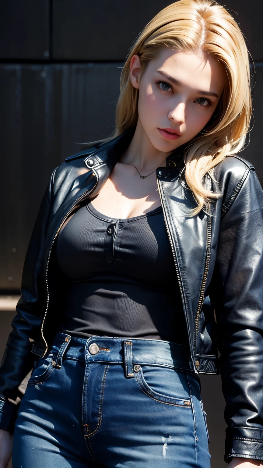 One girl, highest quality、masterpiece、超A high resolution、(Photorealistic:1.4)、RAW Photos、1 girl、Blonde、Glowing Skin、((Ultra-Realistic Details))、((Black Leather Jacket:1.2))、((Black denim pants:1.2))、Portrait、Global Illumination、Shadow、Octane Rendering, woman, Blonde, beautiful, 30 years, compensate, Passionate look , Soft lighting, 2D background ,