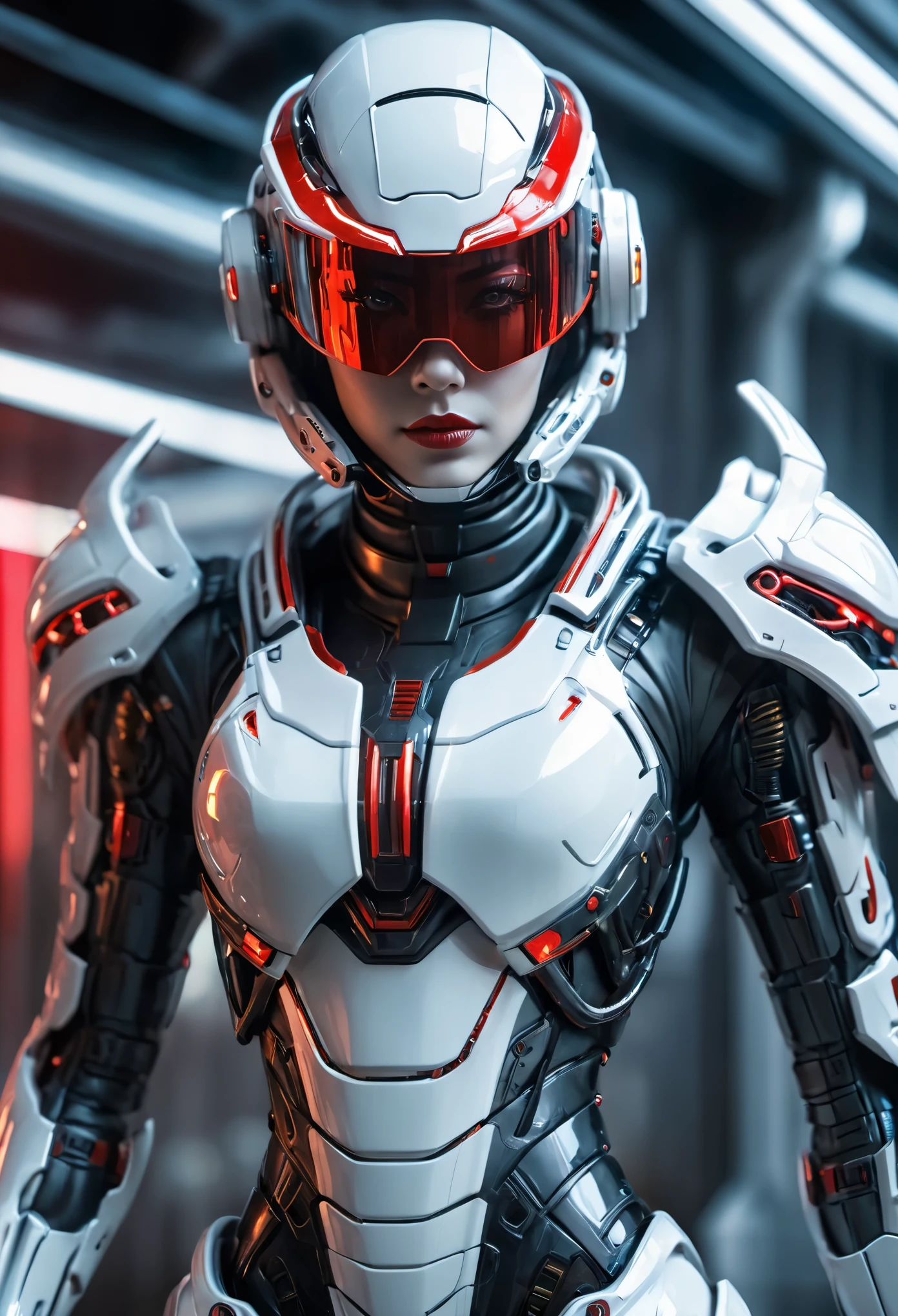 armed female figure in a white sci-fi suit, wearing a cyberpunk style shiny white helmet with red visor robotic features, the reflection on her face is made of glowing red wires with intricate details, (Artstation:1.1), (intricate:1.1), (great eye detail:0.7), solo, female, looking at viewer, photorealistic, 8k, unreal engine, inspired by HR Giger, half body portrait, highly detailed,