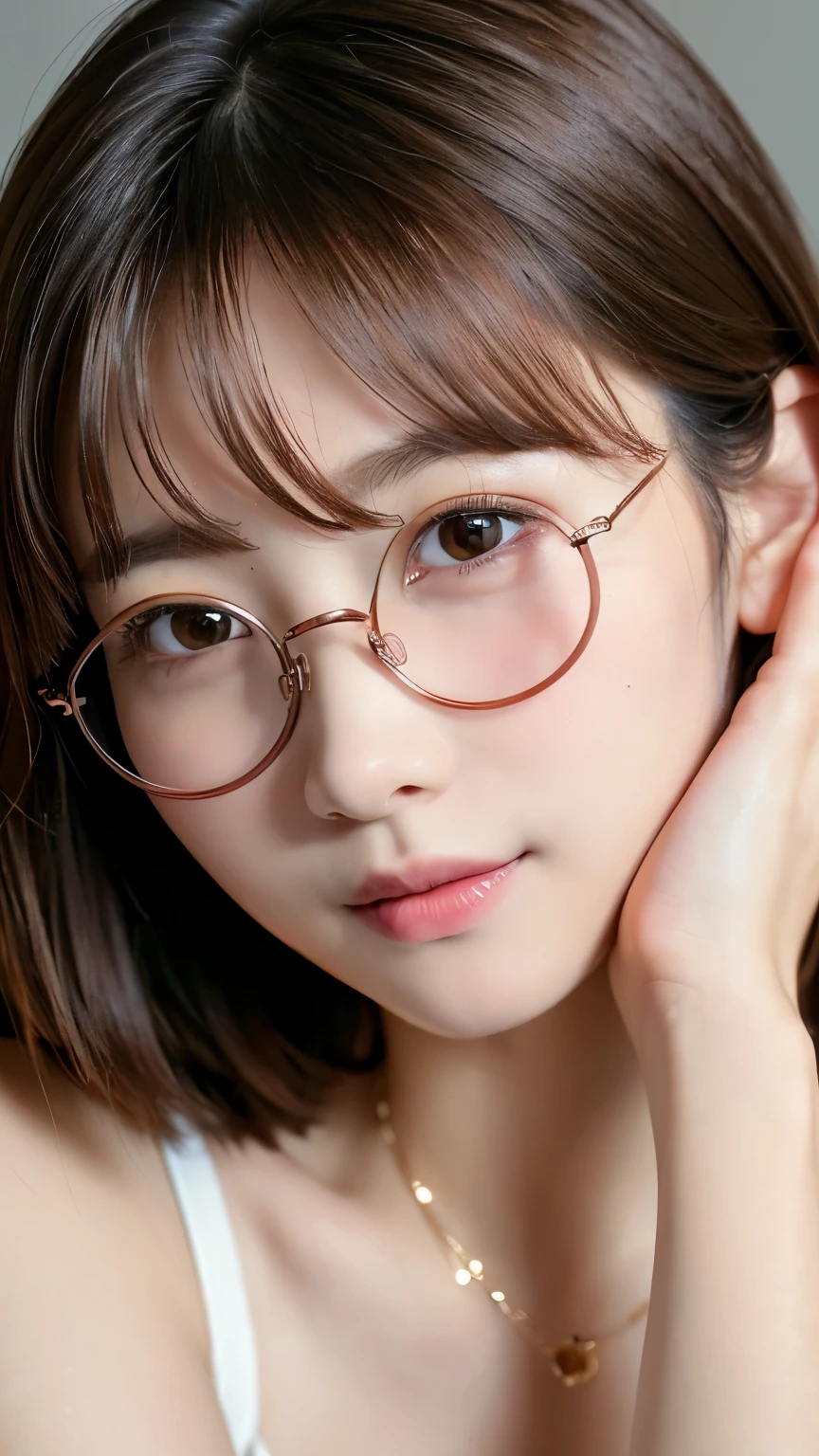 ((highest quality))、(masterpiece:1.4)、RAW Photos、8k、((Best image quality))、 ((Highest Resolution))、Ultra HD Photos、Delicate face、Beautiful face in every detail、Very detailed、(One Woman:1.3)、Realistic、(Cute Woman:1.3)、Berry Short、((boyish))、(Beautiful woman)、(Small face:1.5)、[smile]、necklace、(Round Glasses)、Random Pause、random hair color、(big breasts)