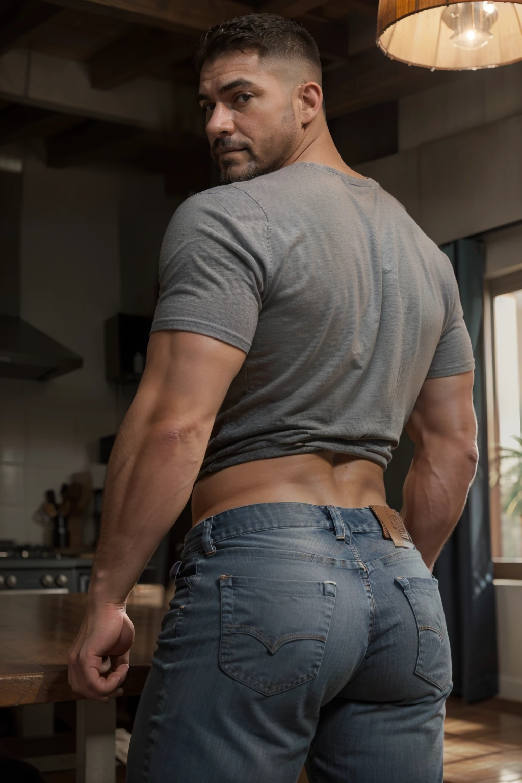 hombre musculoso salvaje, (40 year old daddy:1.1), 1 chico, Solo, (vistiendo una camisa a cuadros roja afuera), (camiseta gris por dentro), (hombros grandes), musculatura, rastrojos, barba corta, ojos bonitos:1.3, ), (cara detallada:1.3), smiles, dynamic angle, volumetric lighting, (mejor calidad, A high resolution, fotorrealista), cinematic lighting, Obra maestra, foto cruda, detalles intrincados, hdr, cuerpo completo, Big muscular body, Big Bubble butt, jeans backside