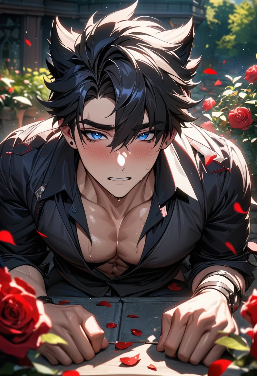 absurdres, highres, ultra detailed, HDR, master piece, best quality, extremely detailed face and eyes, Wriothesley, black hair, expressive blue eyes, Genshin impact, solo, sexy man, handsome, lewd, horny, garden, red roses, red petals