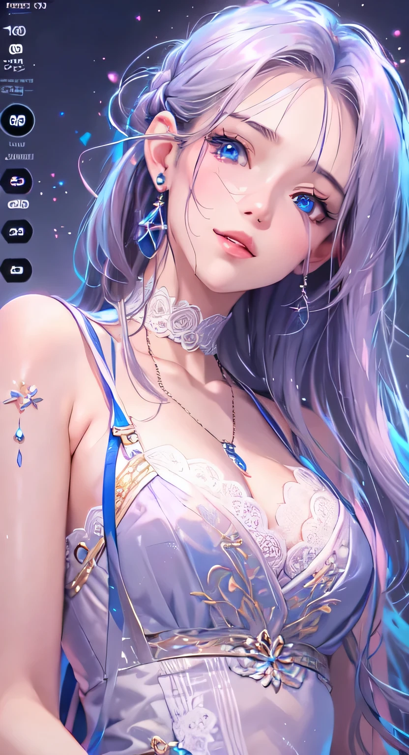 ((highest quality)), ((masterpiece)), (Get used to it), Perfect Face , masterpiece、highest quality、High resolution、High-quality images、8k, 1 female、Skin Radiance、Texture of skin and clothing、Expression of fine eyes、Shiny black hair,Girl with long braided hair, Manga inspired by Lee Jong-suk, Trending on deviantart, realism, detailed manga style, Manga art style, Perfect Line Drawing, Beautiful line art, digital manga art girl, K-POPアイドル, Beautiful Blue Eyes, Lips become thicker, Gorgeous face with attention to detail, (Cute Smile), charm, Innocent, Side view, (Perfectly detailed face), (Beautiful Hands) Photorealistic images, Written boundary depth, 20th Generation ,beautiful girl , Blue rose , Lace dress , Medium Chest , protruding shoulders , I can see her cleavage , Blue rose , There are many blue roses in the background ,