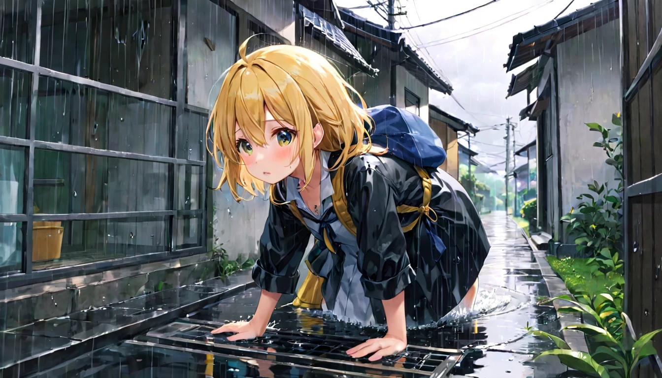 A girl caught in a trap she can't escape from、after the rain