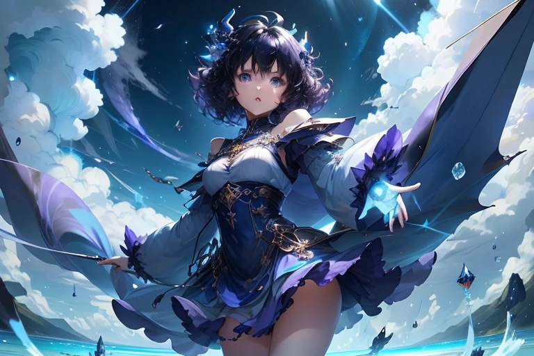 Fantasy,Bright,blue sky,white cloud,Lighten the sky,Girl,teenager,Full body view,Floating in the sky,Hover,Put your right hand forward:2.0,Pointing forward,Facing left,Purple clothes,short hair,Curly hair,Black Hair,Angry,Spiky Tiara,A giant blue dragon behind the girl,Freezing dragon Breath