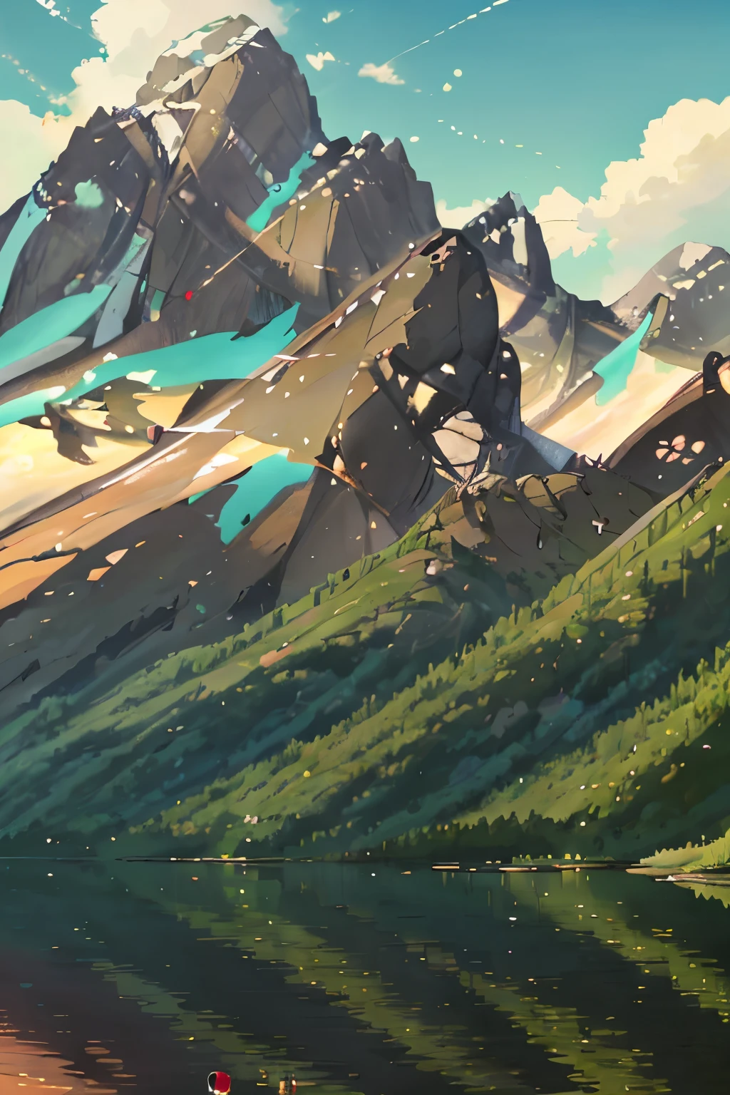 Stunning landscape, vast rollings hills, lush green trees, crystal clear lake, reflecting the vibrant sky, sun setting behind the horizon, soft golden hues, captivating colors, detailed textures, ultra-realistic rendering, high resolution, 4K, HDR, atmospheric, clean lines, realistic lighting, depth of field, sharp focus, physically-based rendering, realistic shadows, realistic water reflections, professional quality.