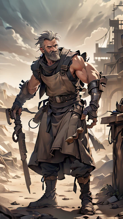 (((masterpiece))), (((High resolution))), (((high quality))), old man, hunchback, grey hair, beard, blacksmith apron, mechanical arms with many tools