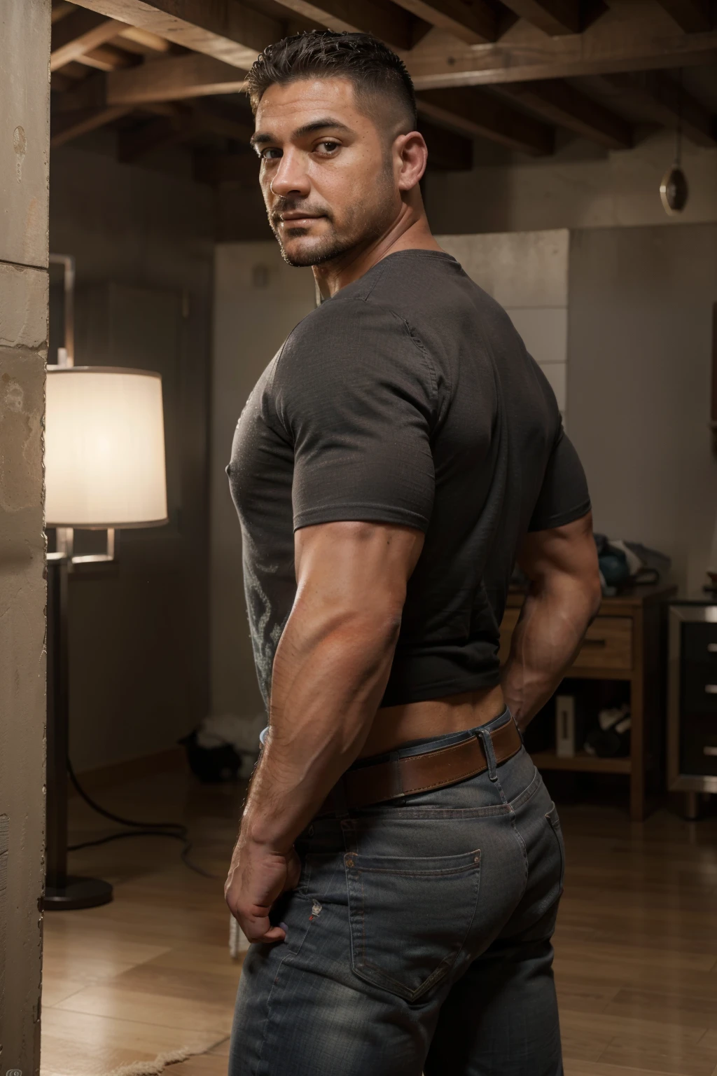 hombre musculoso salvaje, (40 year old daddy:1.1), 1 chico, Solo, (vistiendo una camisa a cuadros roja afuera), (camiseta gris por dentro), (hombros grandes), musculatura, rastrojos, barba corta, ojos bonitos:1.3, ), (cara detallada:1.3), smiles, dynamic angle, volumetric lighting, (mejor calidad, A high resolution, fotorrealista), cinematic lighting, Obra maestra, foto cruda, detalles intrincados, hdr, cuerpo completo, Big muscular body, Big Bubble butt, jeans front view