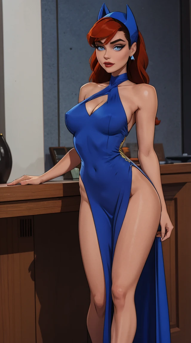 yo,top model body, sexy, hight heels, very very hot body, perfect body, perfect face, nlue open gorgeous long dress, red hair, crystal blue eyes , eyelashes, hot sexy girl in lovely blue dress, long blue V_dress , gorgeous, billionaire party , dace stafe in the background blue