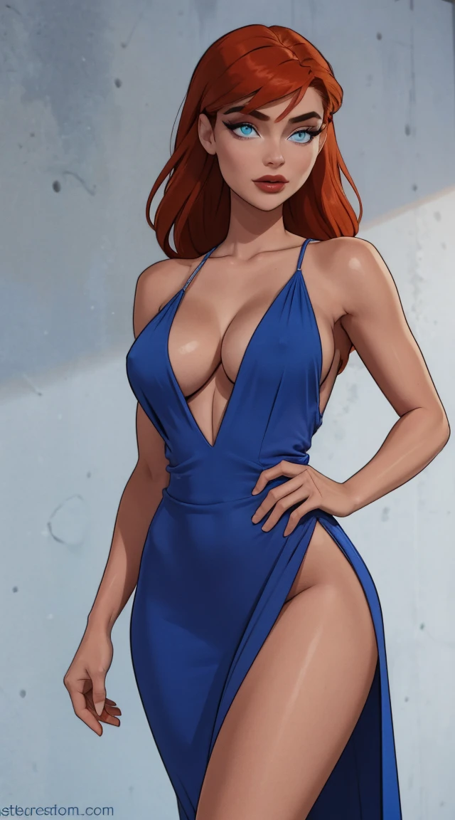 yo,top model body, sexy, hight heels, very very hot body, perfect body, perfect face, nlue open gorgeous long dress, red hair, crystal blue eyes , eyelashes, hot sexy girl in lovely blue dress, long blue V_dress , gorgeous, billionaire party , dace stafe in the background blue