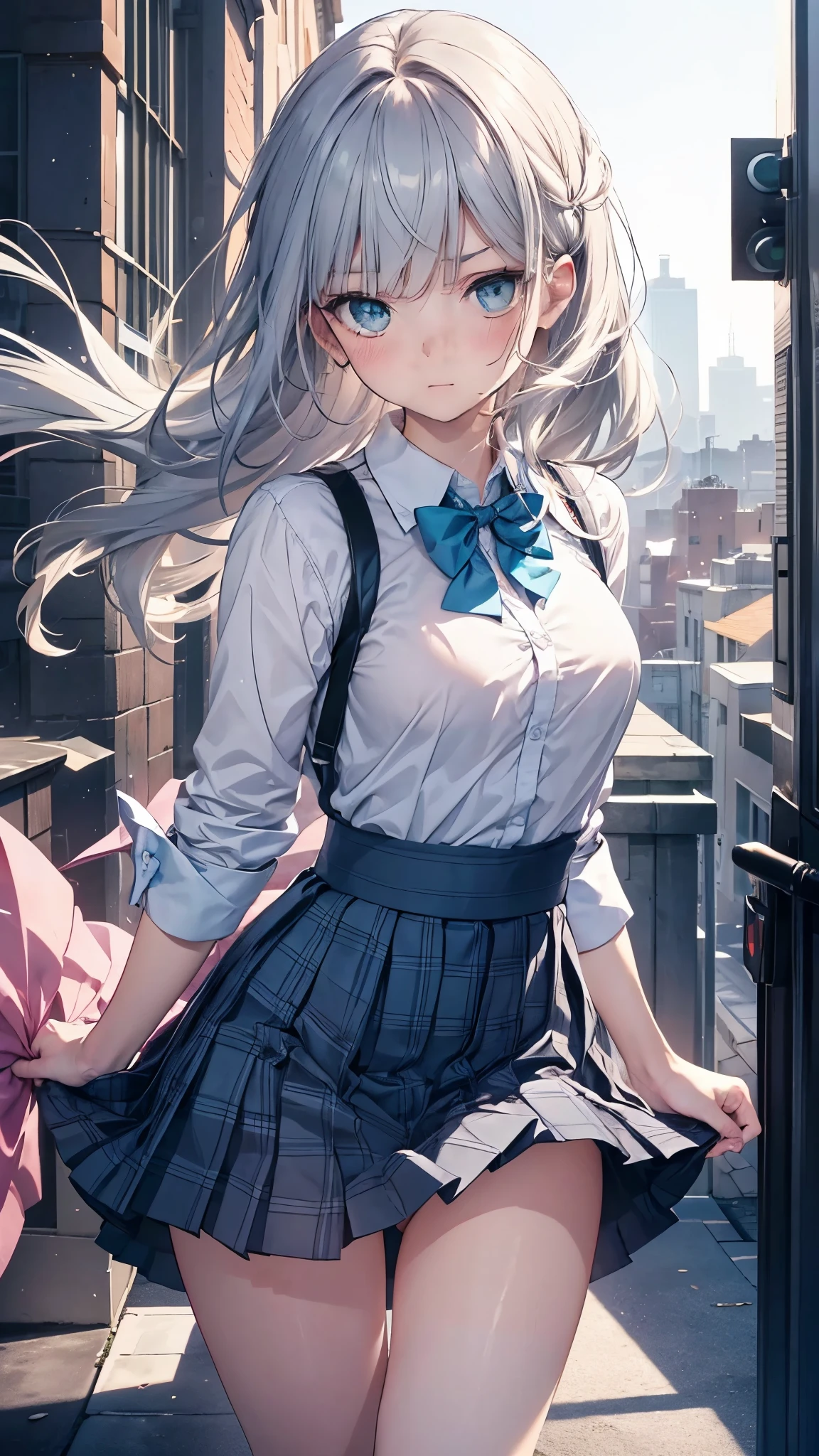 (masterpiece:1.2, highest quality), (Realistic, photoRealistic:1.4), Beautiful illustrations, (Natural Side Lighting, Cinema Lighting), , (View your viewers), 1 girl, Japanese, high school girl, Perfect Face, Cute and symmetrical face, Shiny skin, , (Long Hair:1.5, Messy Hair:1.2, Silver Hair), flowing bangs, Emerald green eyes, Droopy eyes, Long Eyelashes, (big breasts:0.6), Beautiful Hair, Beautiful Face, Beautiful fine details, Beautiful clavicle, Beautiful body, Beautiful breasts, Beautiful thighs, Beautiful feet, ((Symmetrical clothing, Light blue collared shirt, Grey pleated skirt, Blue checked bow tie), Pink Panties, ), Black socks, (Beautiful views), Daytime, School rooftop, (Look forward), (Annoyed expression, Blushing, Embarrassed expression), (((Pulling on skirt, Wind lift))),