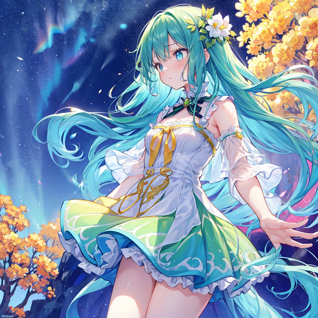 Depth of field, profile, neat figure, beautiful detailed girl, little, colored inner long hair, beautiful Iridescence and rainbow hair, crying, green pupils, small breast with flower, frilled dress, cyan color scheme Clothes,