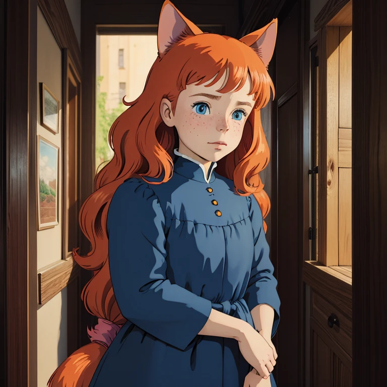 (best quality,4k,8k,highres,masterpiece:1.2), ultra-detailed, realistic:1.37, young solo girl, detailed blue eyes, cat ears, cat tail, freckles, cute, orange hair, long wavy hair, portrait, vibrant colors, soft lighting, Country, wearing a dress