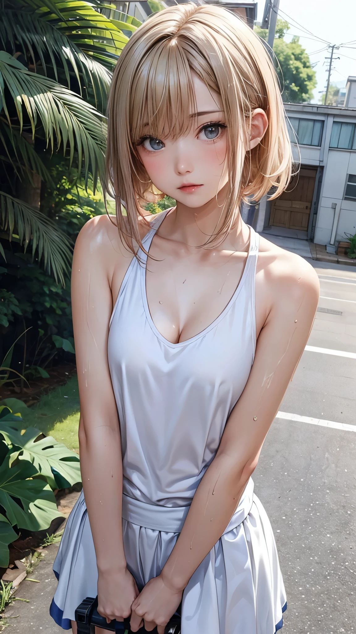 highest quality、4K quality、Beautiful cleavage、Beautiful Style、tall、Small breasts、Bare buttocks、Small Ass、Shy face、20 year old blonde boyish、Bare shoulders、My skirt is blown up by the wind、ultra detail eye,、casual dresy whole body is wet、Small face、Soft skin quality、ride a bicycle、Shooting from behind