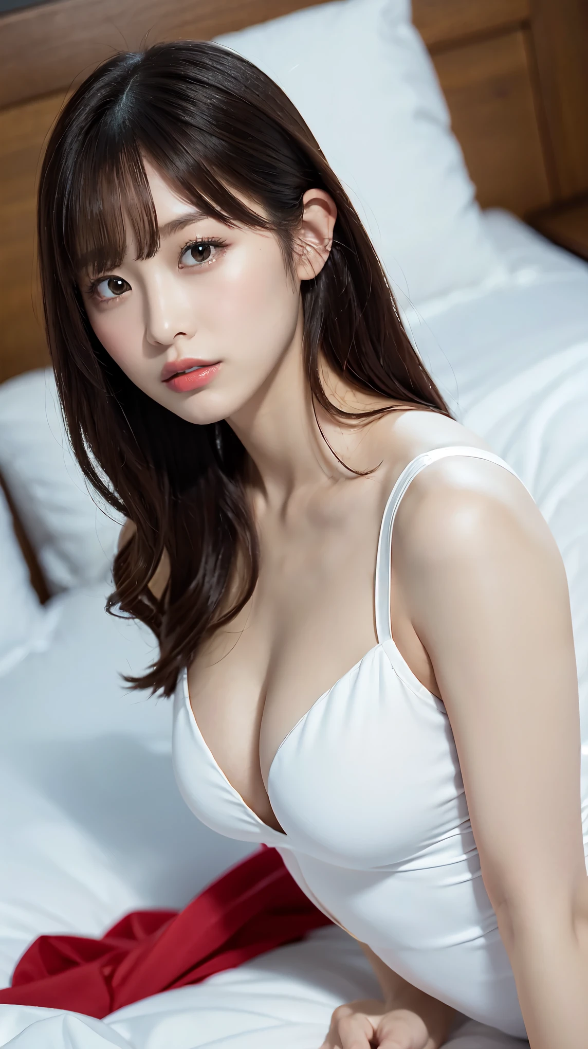 (highest quality、In 8K、Masseter muscle area、Delicate illustrations、Whole Body Ezbian),(wearing a white leotard)、A beautiful and attractive 25-year-old Japanese woman、Perfect proportions、Black curly hair、Lying in bed、sprawl, Official Art,Highly detailed CG Unity 8k wallpaper, (masterpiece:1.0),(highest quality:1.0), photo shoot, 8k, Browsing Caution, High resolution, Kodak Portrait 400, Film Grain, Lens flare brilliance,Show Viewer