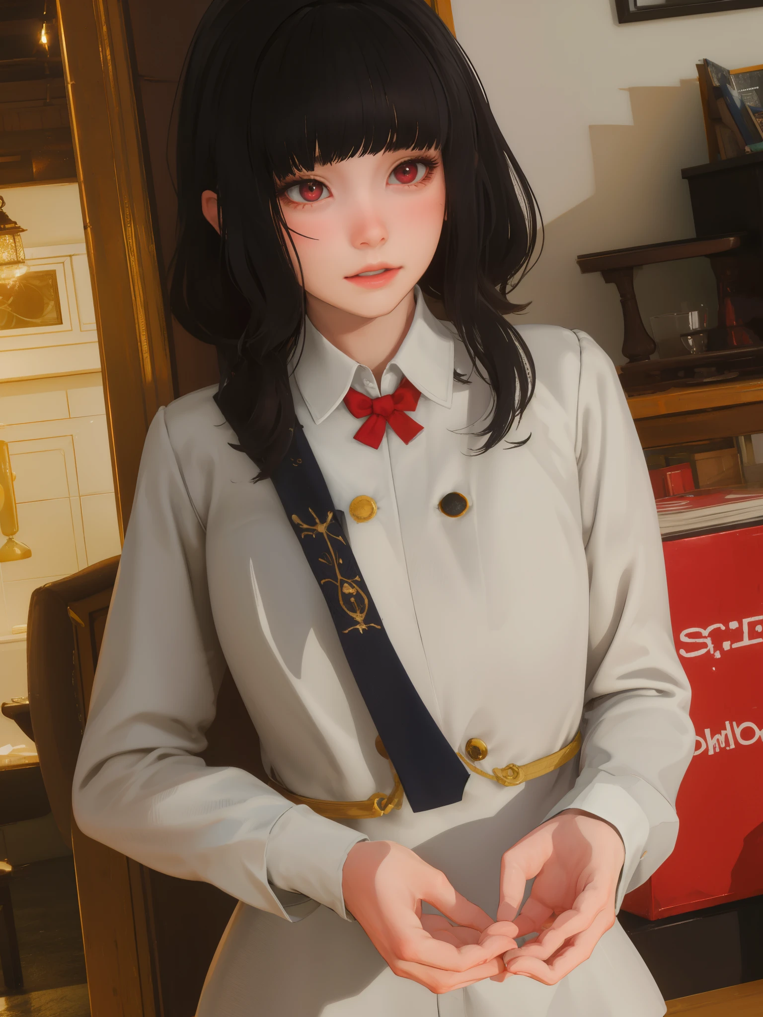 masterpiece, highly detailed, best quality, 1girl, solo, Luna, black hair, red eyes, long hair, blunt bangs, uniform.