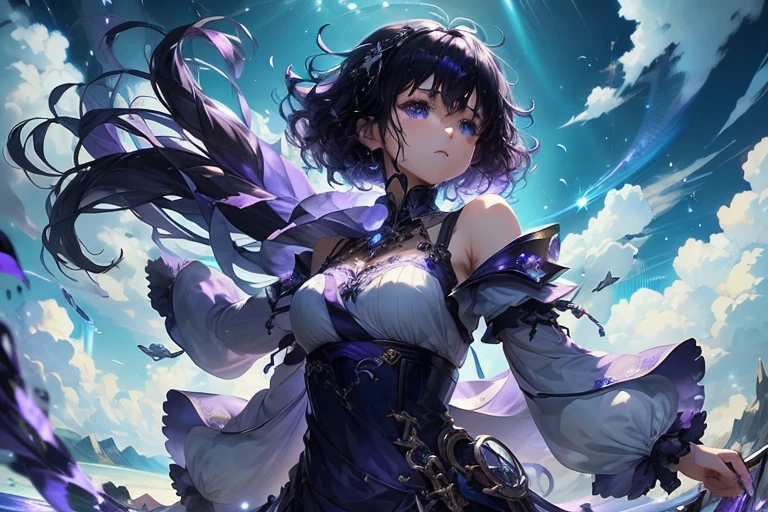 Fantasy,Bright,blue sky,white cloud,Lighten the sky,Girl,teenager,Full body view,Floating in the sky,Hover,Point your right finger at the left frame,Facing left,Purple clothes,short hair,Curly hair,Black Hair,Angry,Spiky Tiara