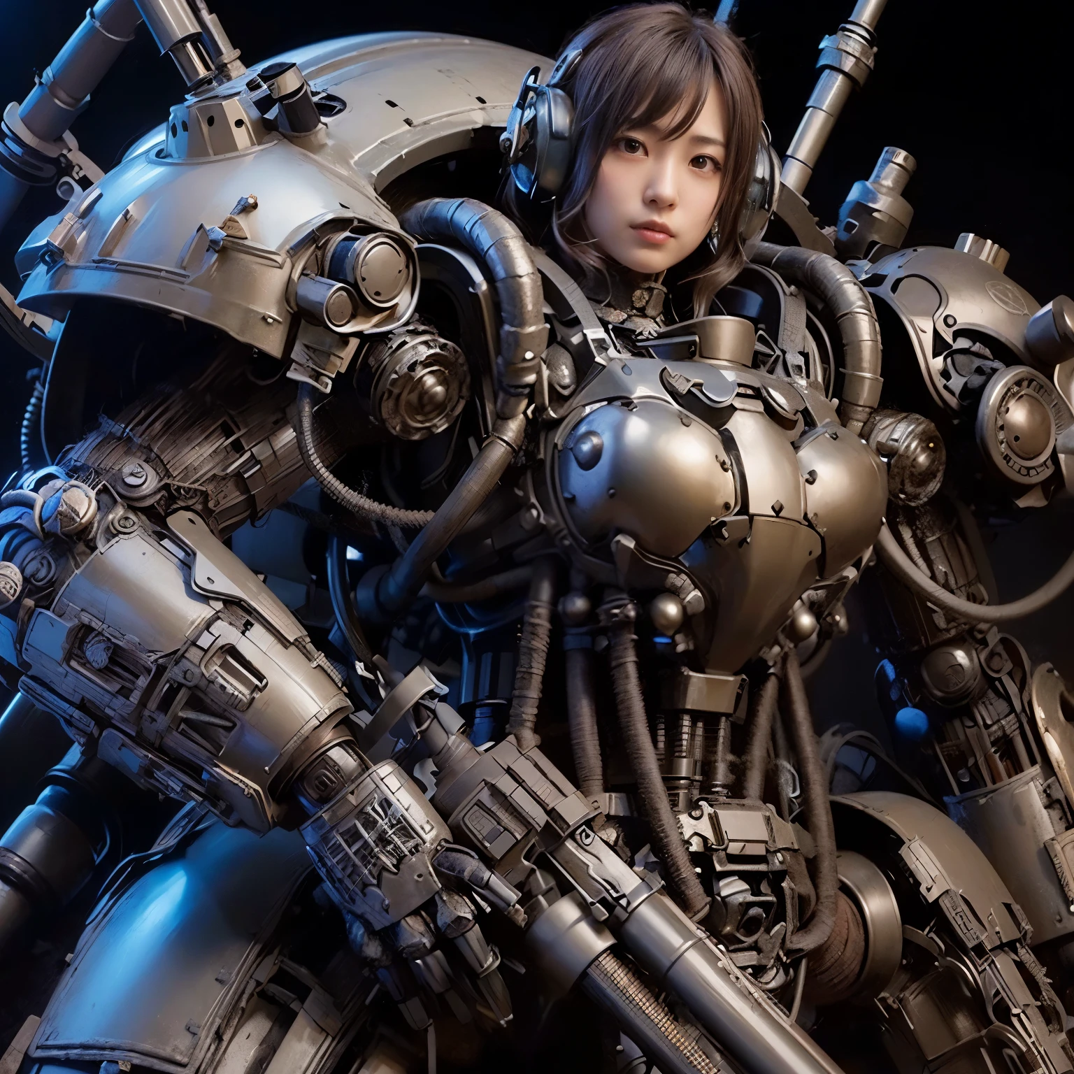 (mechanical armor with reference to a dung beetle), power pipes, hydraulic cylinders, ultimate intricate detail, Japanese female soldier in mechanical armor, very beautiful face, realistic, full body shot, sortie from secret base