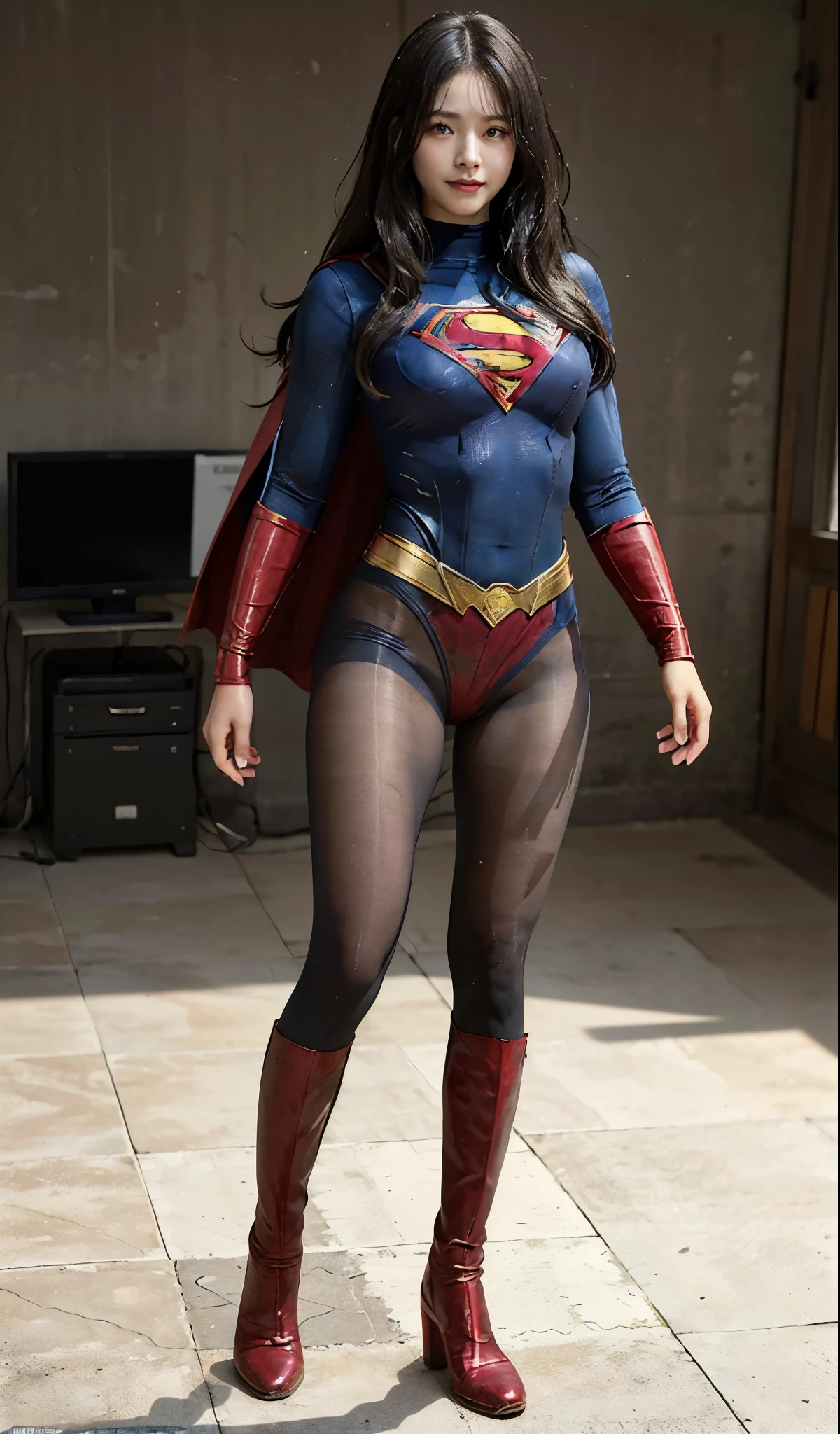 No background、(((Beautiful legs in black tights.)))、(((Legally express the beauty of your smile)))、((((Make the most of your original images)))、(((Supergirl Costume)))、(((Beautiful Hair)))、(((suffering)))、(((Please wear black tights....、Wear red boots)))、((Best image quality、8K))、((highest quality、8K、masterpiece:1.3))、(((Preserve background )))、Sharp focus:1.2、Beautiful woman with perfect figure:1.4、Thin abdominal muscles:1.2、Wet body:1.5、Highly detailed face and skin texture、8K