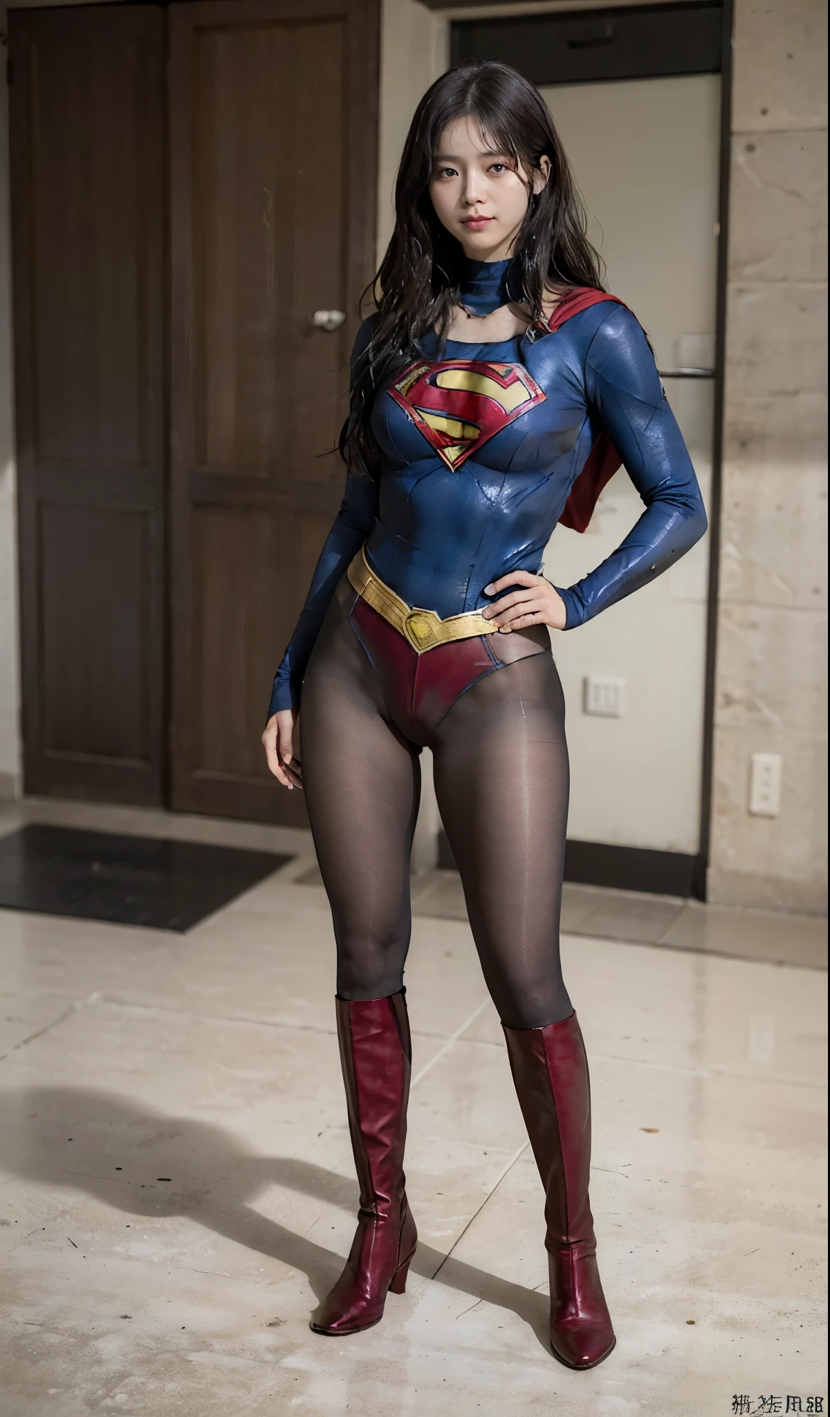 No background、(((Beautiful legs in black tights.)))、(((Legally express the beauty of your smile)))、((((Make the most of your original images)))、(((Supergirl Costume)))、(((Beautiful Hair)))、(((suffering)))、(((Please wear black tights....、Wear red boots)))、((Best image quality、8K))、((highest quality、8K、masterpiece:1.3))、(((Preserve background )))、Sharp focus:1.2、Beautiful woman with perfect figure:1.4、Thin abdominal muscles:1.2、Wet body:1.5、Highly detailed face and skin texture、8K