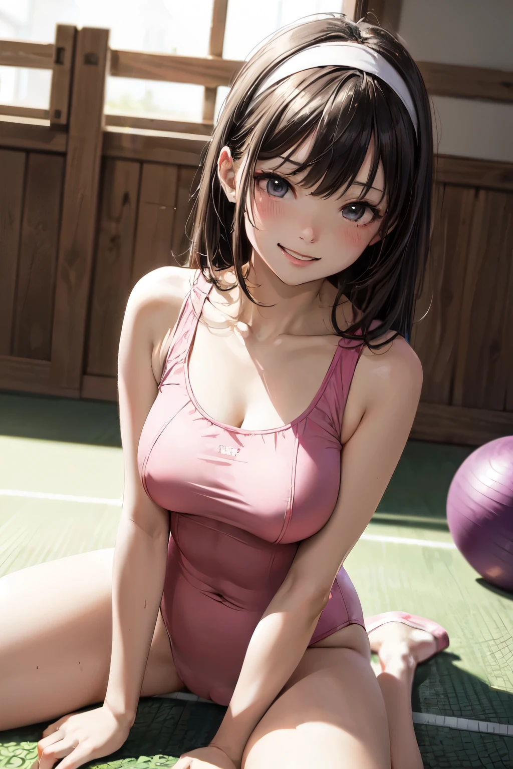 very cute and beautiful girl,(highly detailed beautiful face),(pink leotard:1.2),sleeveless,(laugh),blush,
sitting on training mat in wooden gym,(spread legs:1.12),cowboy shot,hair band,black hair,looking at viewer,
(best quality,masterpiece:1.0),absurdres,highres,ultra-detailed,extremely detailed,32k,8k resolution,
intricate details,cinematic scene,detailed background,solo,dynamic angle,