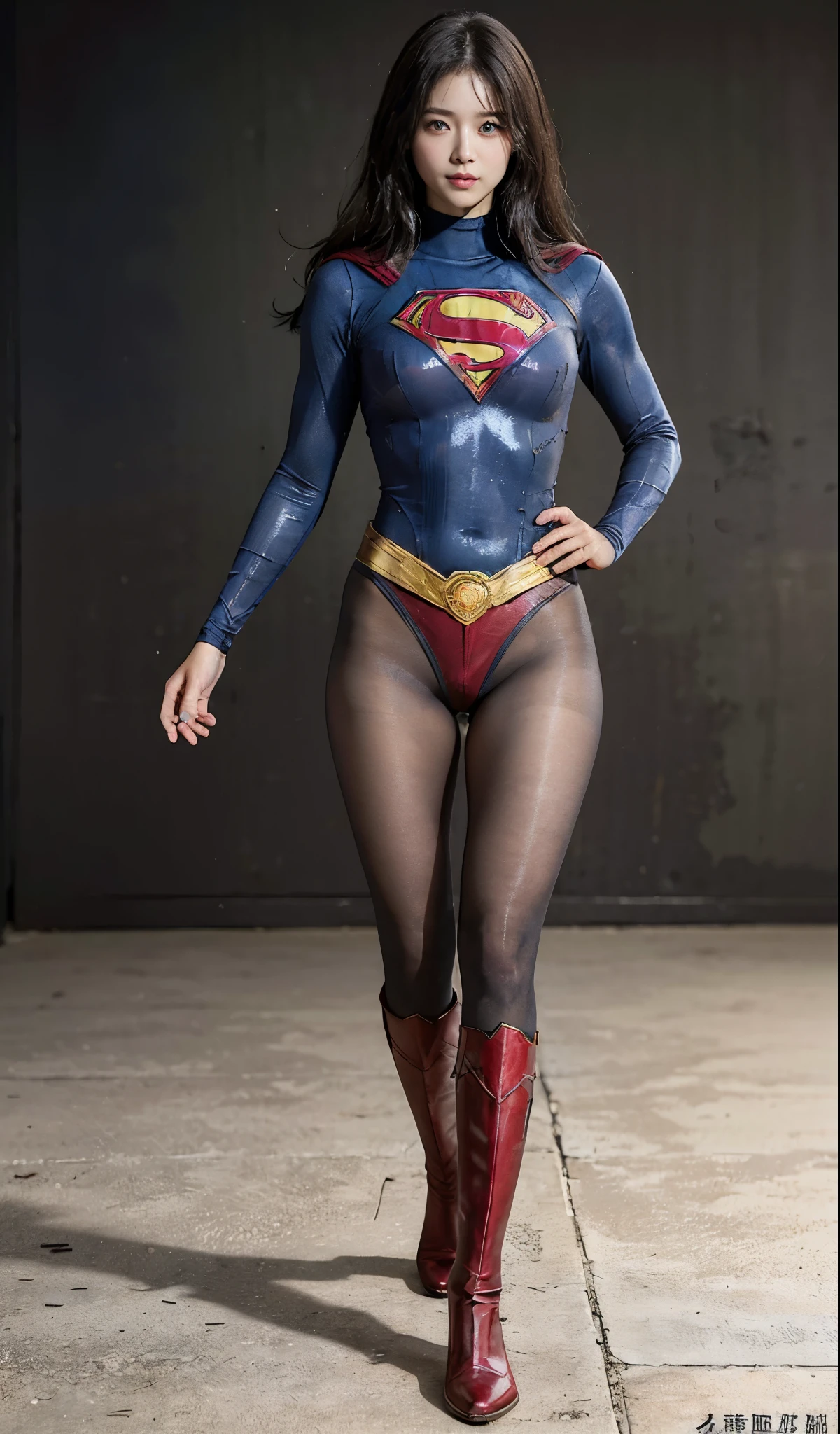 No background、(((Beautiful legs in black tights.)))、(((Legally express the beauty of your smile)))、((((Make the most of your original images)))、(((Supergirl Costume)))、(((Beautiful Hair)))、(((suffering)))、(((Please wear black tights....、Wear red boots)))、((Best image quality、8K))、((highest quality、8K、masterpiece:1.3))、(((Preserve background )))、Sharp focus:1.2、Beautiful woman with perfect figure:1.4、Thin abdominal muscles:1.2、Wet body:1.5、Highly detailed face and skin texture、8K