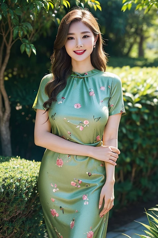 Draw the lips correctly, red lipstick, from the chest up, the best quality, Super detailed, lifelike, Super smooth skin, perfect anatomy, (1 beautiful Asian woman, (by herself), Wear a high-end green round neck dress with floral patterns, short sleeves, long wavy blonde hair, 25 year old woman, mature, charming smile, garden background, standing, round face, round face, tied hair, slightly fat body, big breasts, full body photo