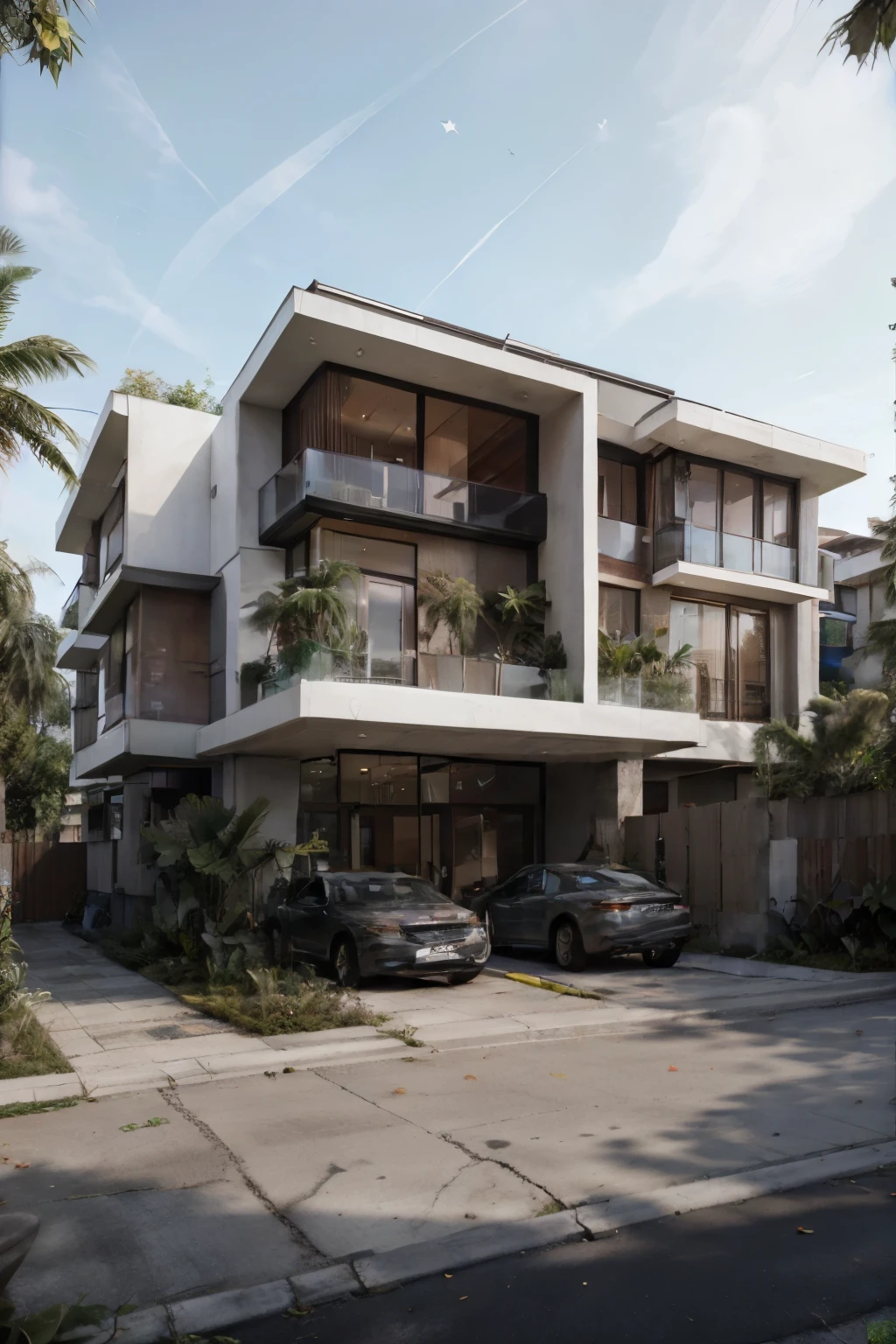 facade of a luxurious classic contemporary house, ground floor, one floor, exposed gray roof, in a condominium in Brazil, modern, realistic, like a real photo, hyper-realistic and sophisticated and elegant, 2 SUVs parked in the garage, fullhd