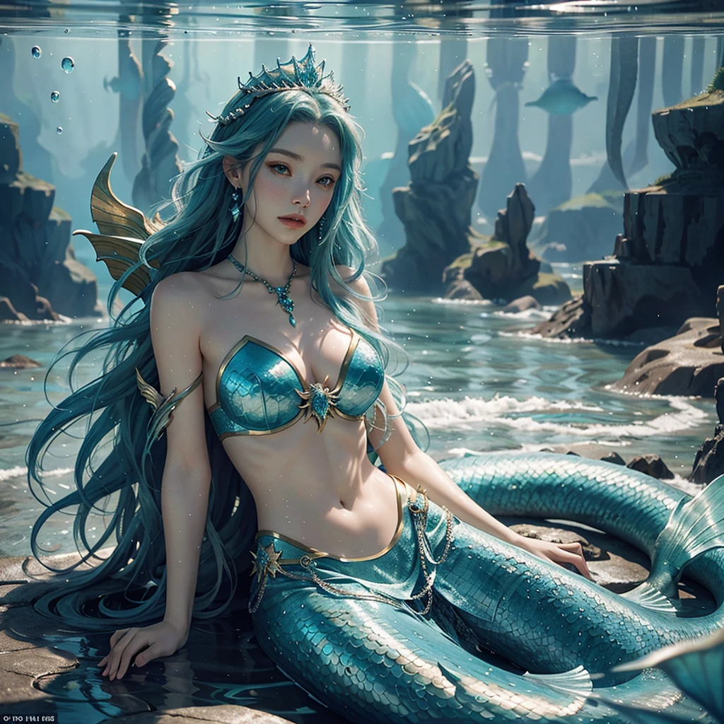 mermaid with long hair and a crown in underwater, concept art inspired by WLOP, cgsociety contest winner, fantasy art, closeup fantasy with water magic, fantasy art behance, goddess of the ocean, beautiful fantasy art, portrait of mermaid queen, detailed fantasy digital art, detailed fantasy art, fantasy art style, goddess of the sea