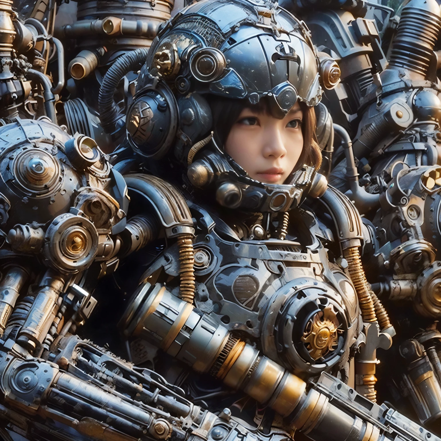 (mechanical armor with reference to a dung beetle), power pipes, hydraulic cylinders, ultimate intricate detail, Japanese female soldier in mechanical armor, very beautiful face, realistic, full body shot, sortie from secret base