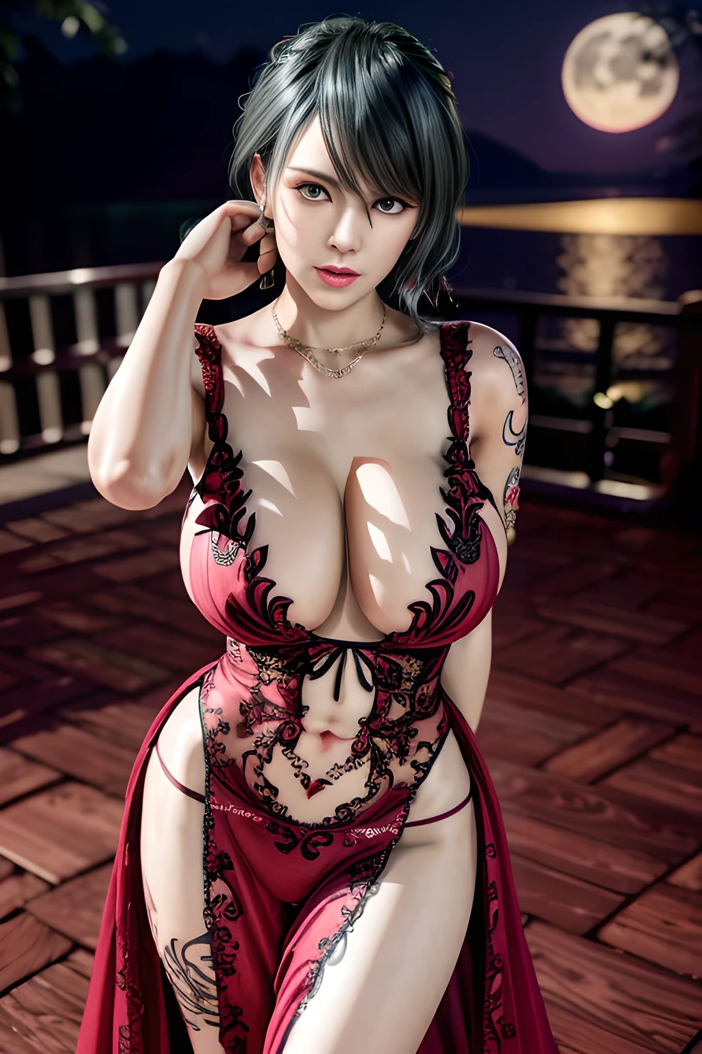 1 girl,lean over WINK, (dark red Wedding Dress,see-through), nighttime,moon,( huge breasts:1.1),cleavage,shiny skin,lip gloss,( tattoos:1.2), masterpiece, best quality, realistic ,Surrealism,Rich artistic colors,natural colors art in 8k,3D,Portrait art,solo, tamaki
