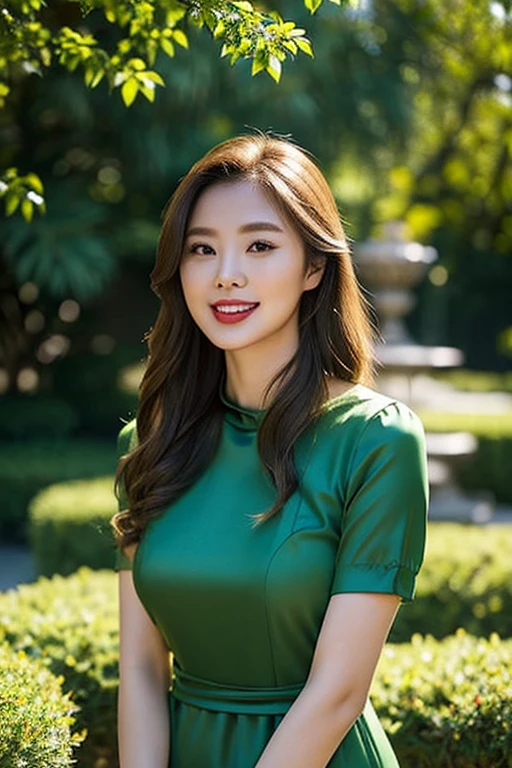 Draw the lips correctly, red lipstick, from the chest up, the best quality, Super detailed, lifelike, Super smooth skin, perfect anatomy, (1 beautiful Asian woman, (by herself), Wear a high-end green round neck dress with floral patterns, short sleeves, long wavy blonde hair, 25 year old woman, mature, charming smile, garden background, standing, round face, round face, tied hair, slightly fat body, big breasts, full body photo