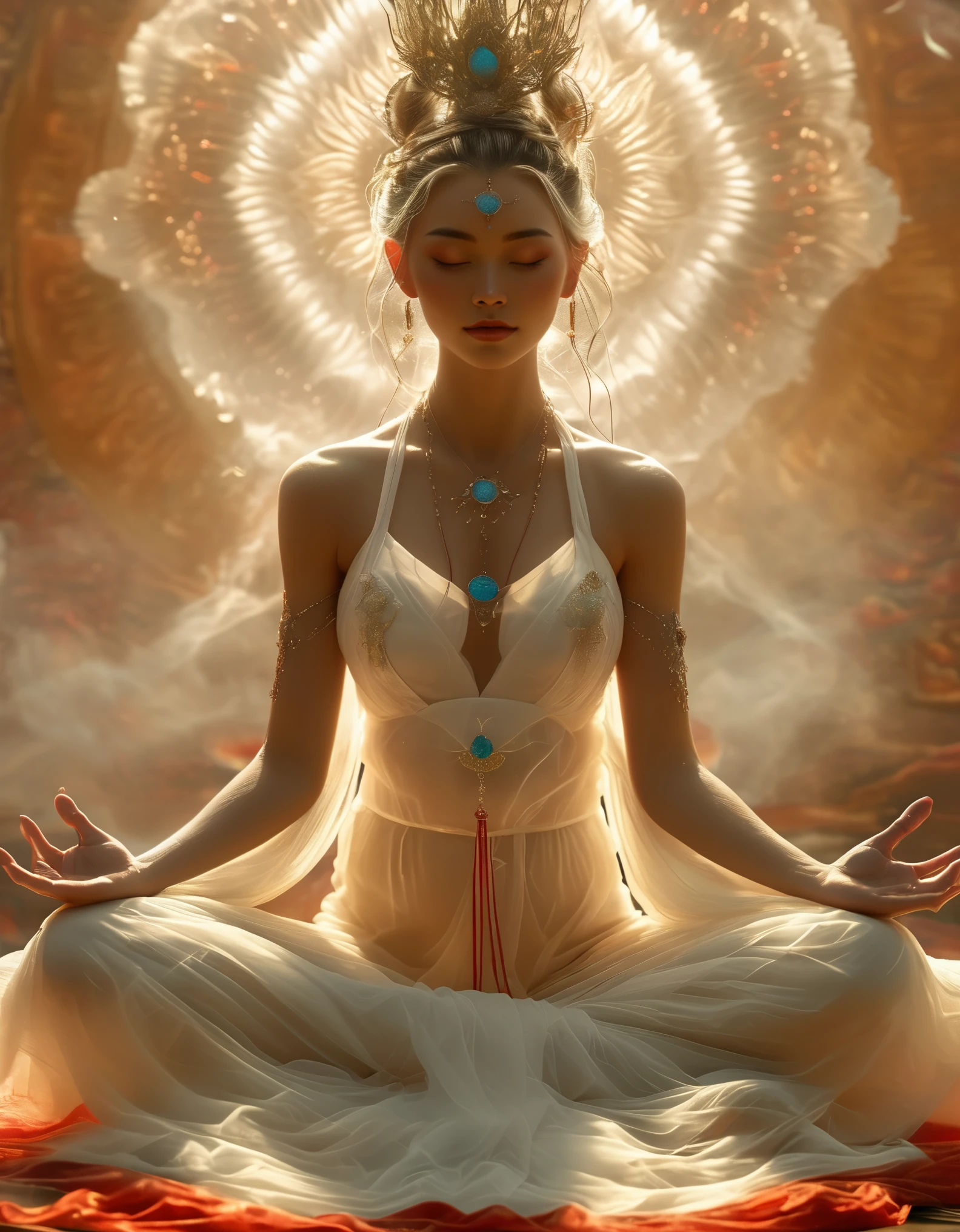 Chinese goddess floating in the air, Sit gracefully in the lotus position, barefoot, Close your eyes,Lost in thought. Decorated with delicate hair accessories, Her fair skin glowed in the magical atmosphere, Embody a sense of charm and mystery. This fantasy art image captures the goddess's serenity and otherworldly qualities, Blending elements of magic and spirituality,Bringing the audience into a sacred and beautiful world in a visually impactful way、A state of tranquility,Xianxia. HILL,lotus pose