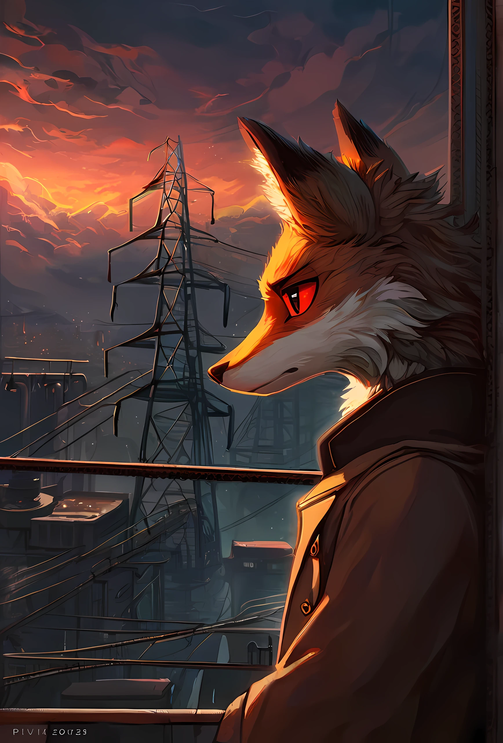(masterpiece, beautiful), cinematic, highly detailed, 8k uhd, intricate details, best quality, correct anatomy, HD, soft lighting, digital painting, featured on pixiv, a close view of a sleepy bored brown furry fox in greatcoat, epic composition, big red cartoonish eyes, expressive face, slim body, he is gazing at the scary factory and steam that are far away from him, a transmission towers line in far away is complementing the view, oil, pollution, science fiction, snout, cloudy sky, sunset, steampunk