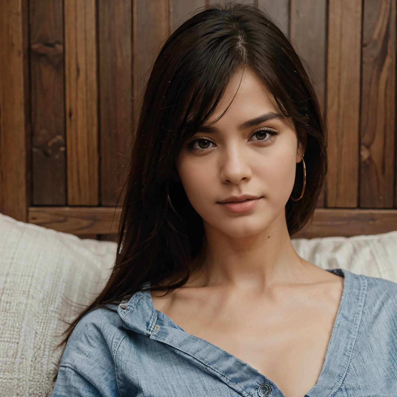 Araffe woman sitting on a couch with a wooden headboard - SeaArt AI