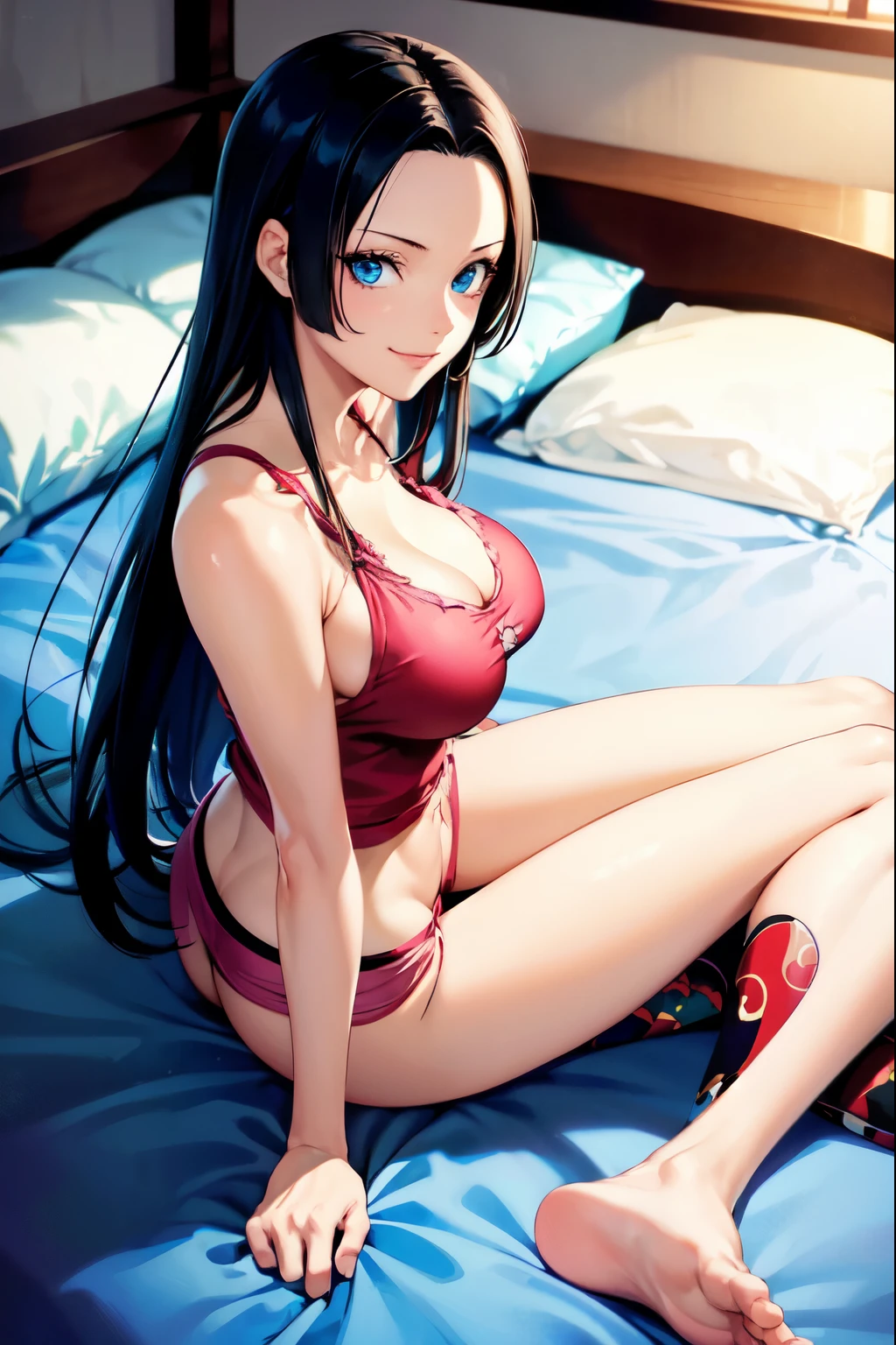 Boa Hancock, onepiece, blue eyes, long hair,masterpiece, best quality, perfect anatomy, beautiful background, beautiful face, beautiful eyes, full body, 1girl, solo, smiling, sexy, large breasts, black hair, lying down on bed,wide hip, legs crossed, close up breasts, tank top, from side, looking at the viewer