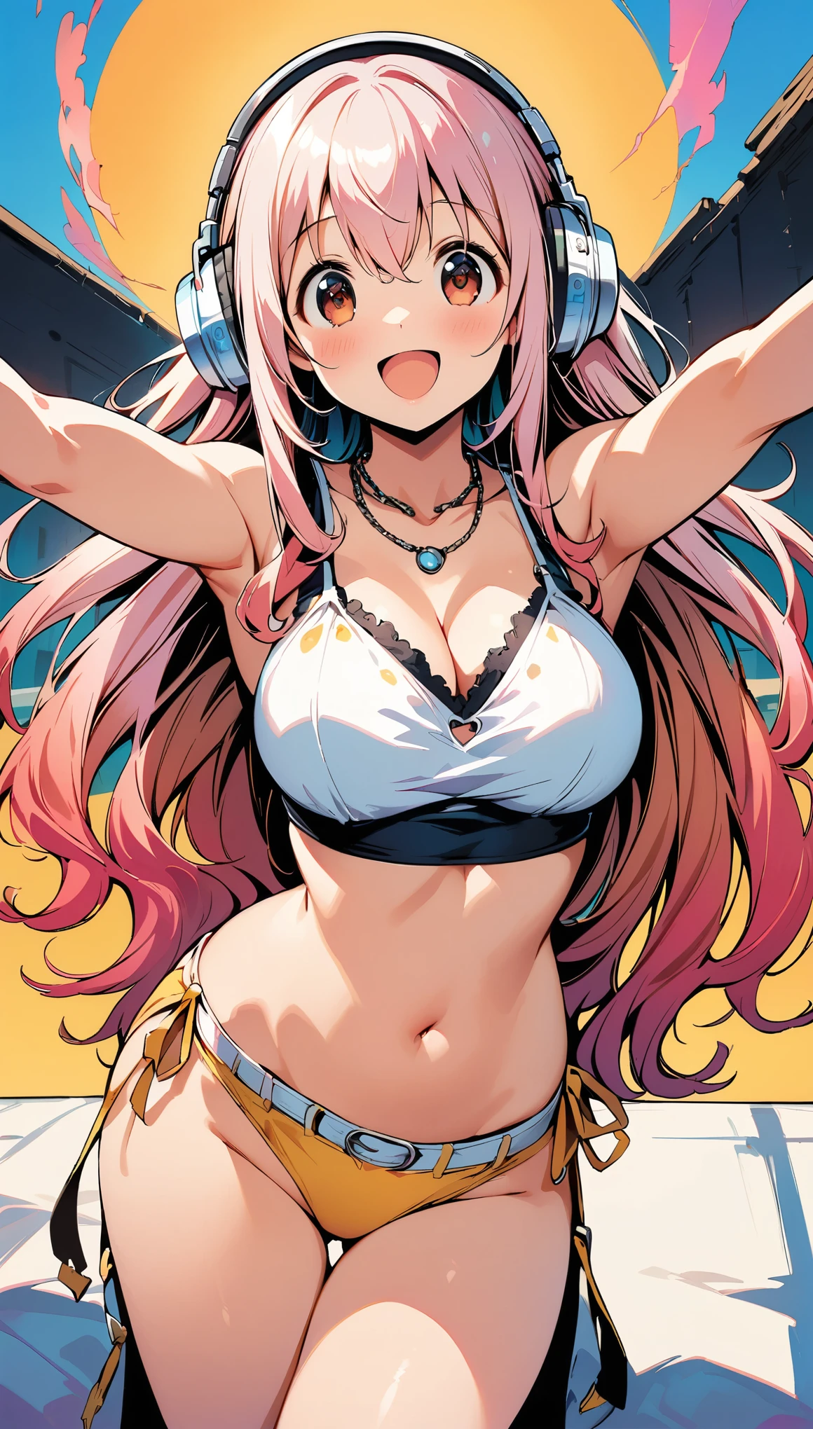 (highest quality:1.2, Comic Artwork, Comic book style, Very detailed, up to date, Vibrant, digital coloring, High Contrast, masterpiece:1.2, Best Quality, Best aesthetics, aya), (((super Sonico, 1 Female:1.2))), Pink Hair, Medium Hair, Gradient Hair, Reddish brown eyes, Silver_Headphones, Yellow bikini top, necklace, Denim hot pants, Beautiful thighs, blue boots, Open your mouth, smile, Random Posing, Cowboy Shot, Simple Background.