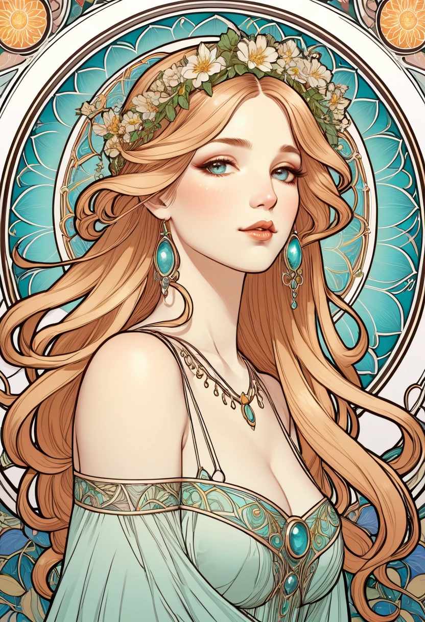 (best quality,4k,8k,highres,masterpiece:1.2),ultra-detailed,(realistic,photorealistic,photo-realistic:1.37),Alphonse Mucha,Tarot card style artwork,beautiful detailed girl with bright hair,beautiful detailed eyes,beautiful detailed lips,line art,clean line art,nature-themed coloring mandala,colorful,simple and clean line art,decorated in Art Nouveau style,perfectly intricate details,realistic.