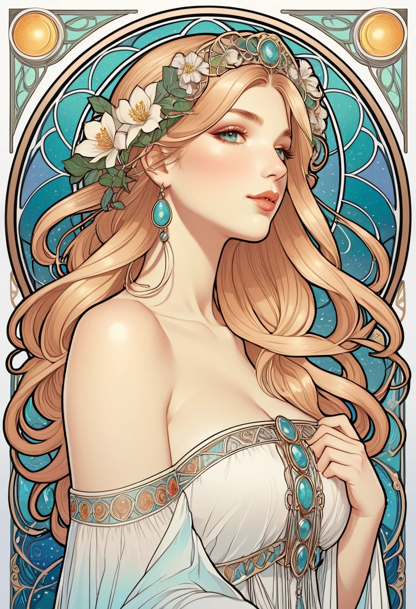 (best quality,4k,8k,highres,masterpiece:1.2),ultra-detailed,(realistic,photorealistic,photo-realistic:1.37),Alphonse Mucha,Tarot card style artwork,beautiful detailed girl with bright hair,beautiful detailed eyes,beautiful detailed lips,line art,clean line art,nature-themed coloring mandala,colorful,simple and clean line art,decorated in Art Nouveau style,perfectly intricate details,realistic.