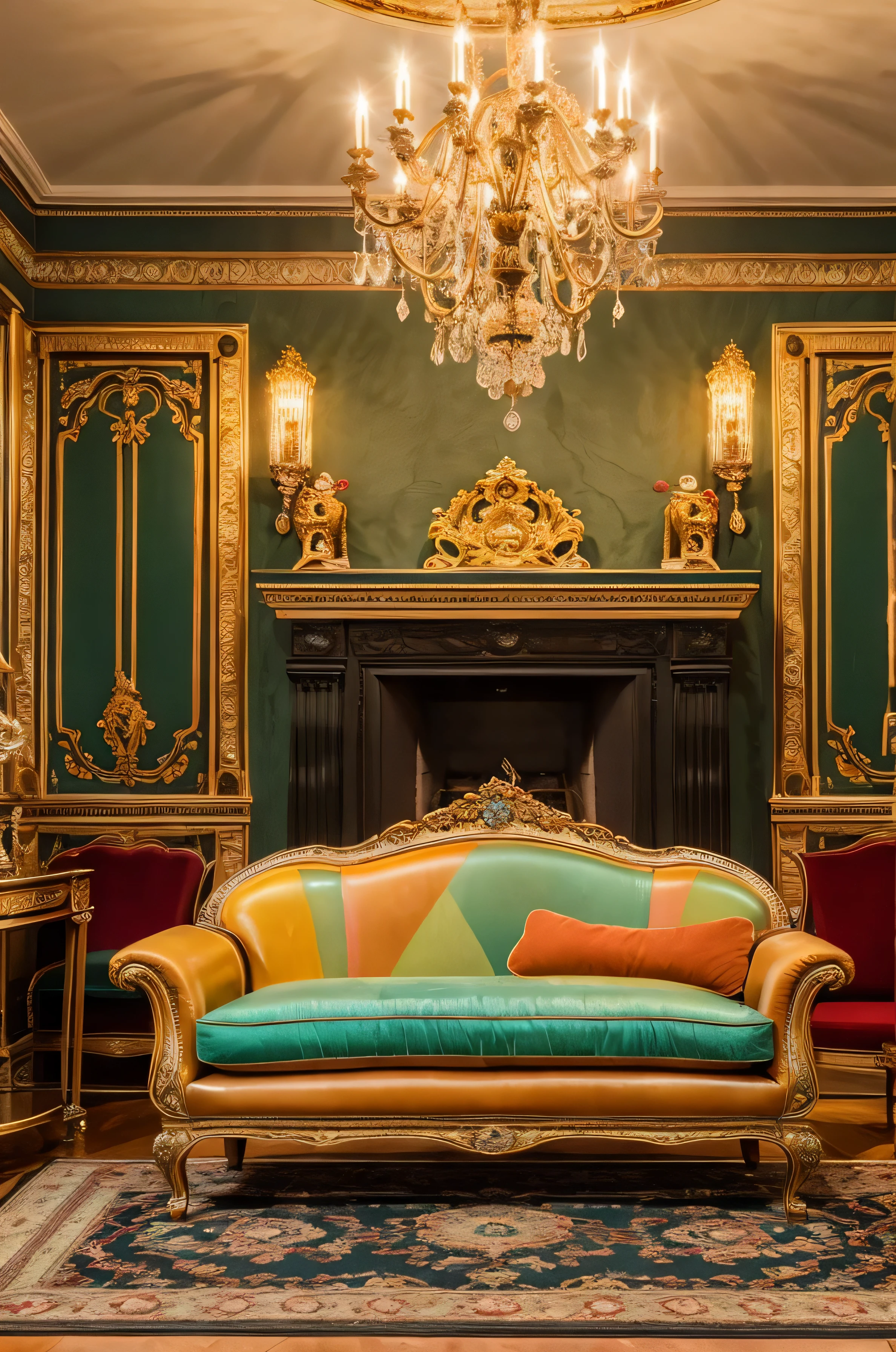 18th century, baroque style furniture art, leather upholstery and colorful, living room seating group and a fire-filled fireplace on the side, what is there?