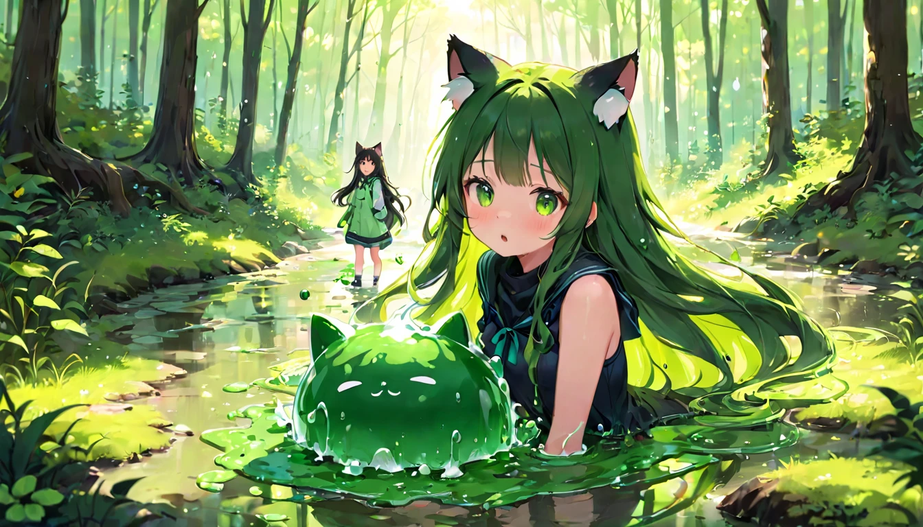 Cute girl, melted mucus, sticky liquid, green puddle, cute girl, woman with long hair, moving mucus, cat ears, in the forest