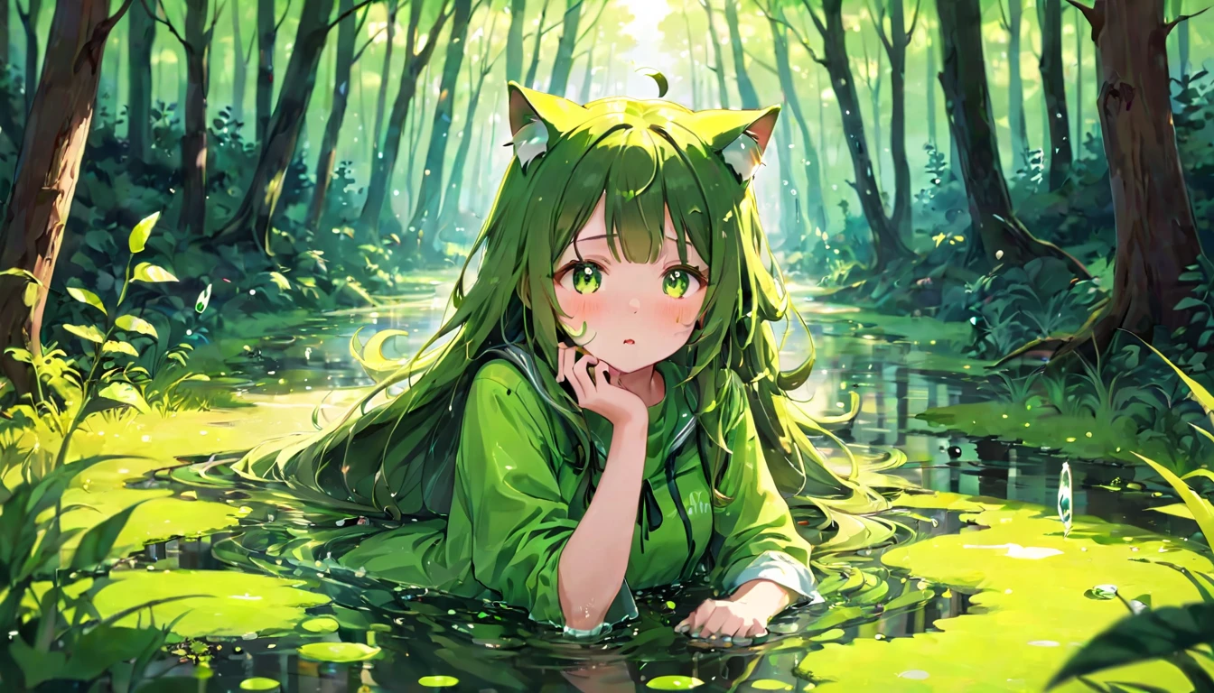 Cute girl, melted mucus, sticky liquid, green puddle, cute girl, woman with long hair, moving mucus, cat ears, in the forest