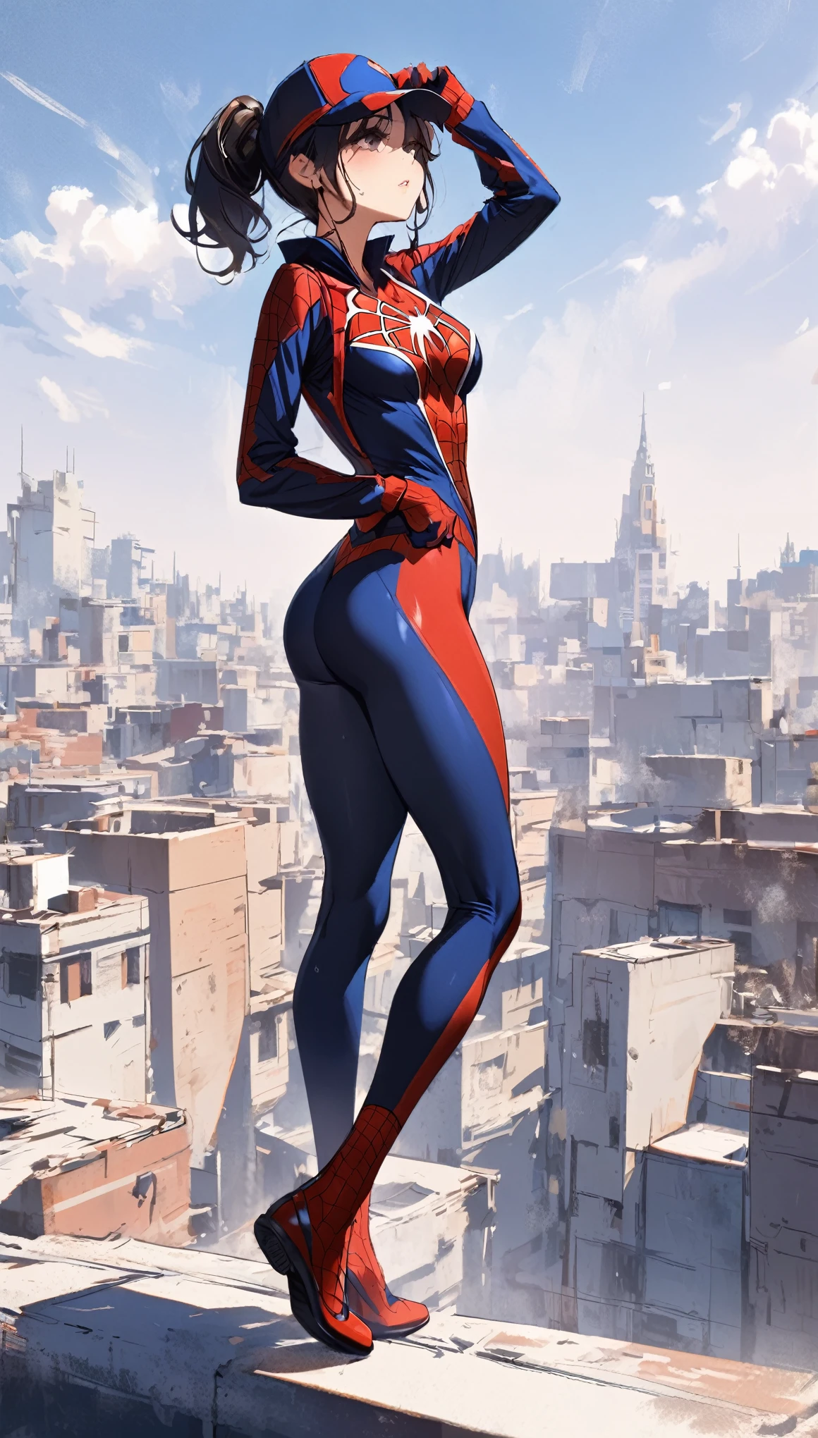 1 female has perfect body，wearing A loose Spider Man Uniform，standing on the roof