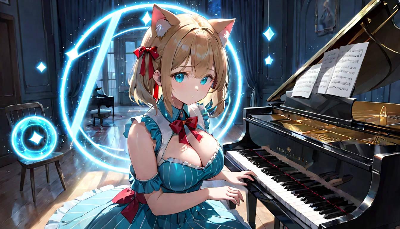 (masterpiece, best quality, very aesthetic, absurdres,general) ,
1girl, solo,、music room、Girl playing classical piano、Cat ear、clear eyes,artificial intelligence,Glowing triangular magic circle,Sad expression,BREAK ,beautiful girl, big breasts, bule cut dress,Turquoise striped pattern, big red ribbon